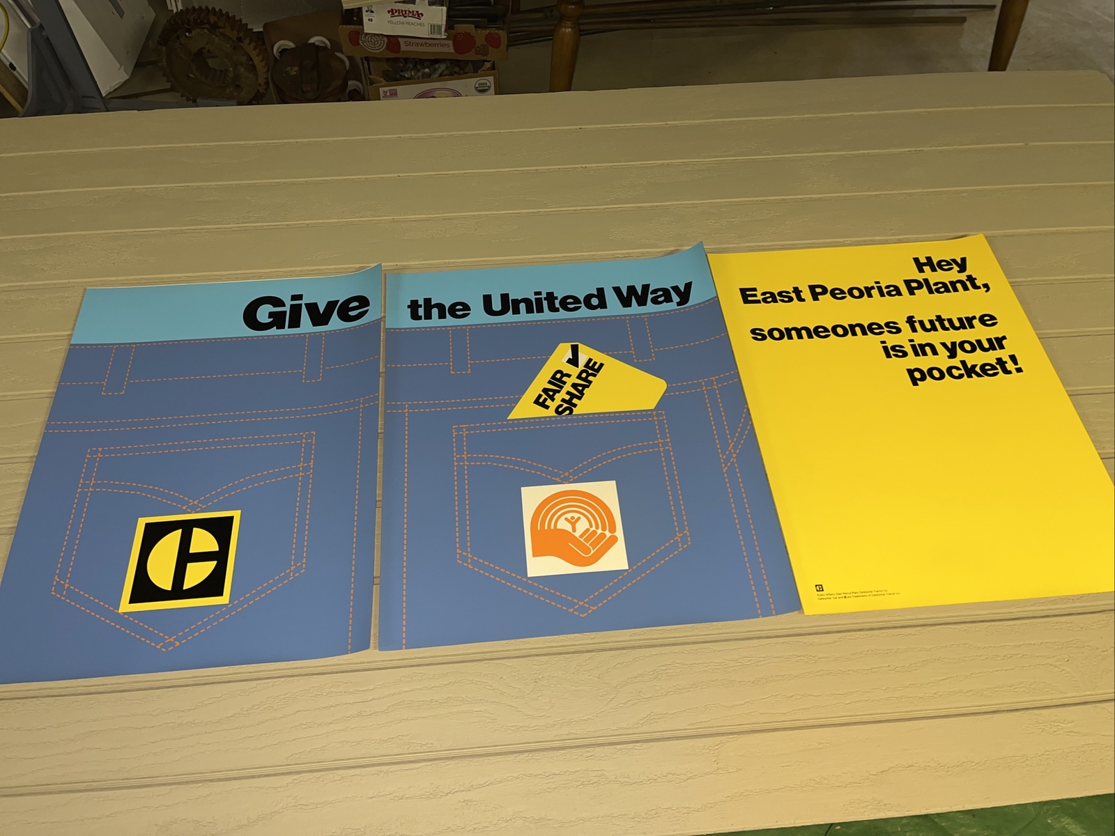 Vintage CAT Employee 3 Poster Sign - Give To United Way - Blue Jeans Pocket