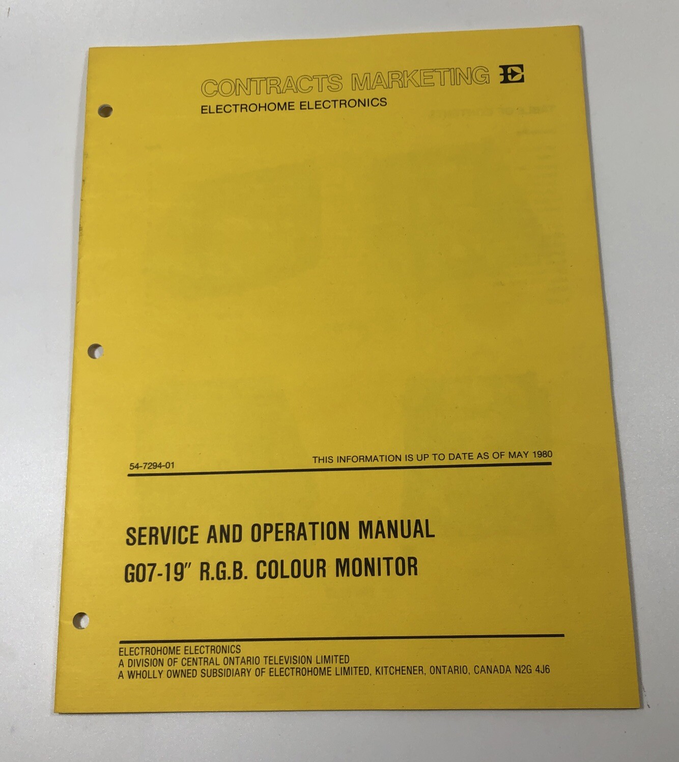1980 Service And Operation Manual G07-19" RGB Colour Monitor Electrohome