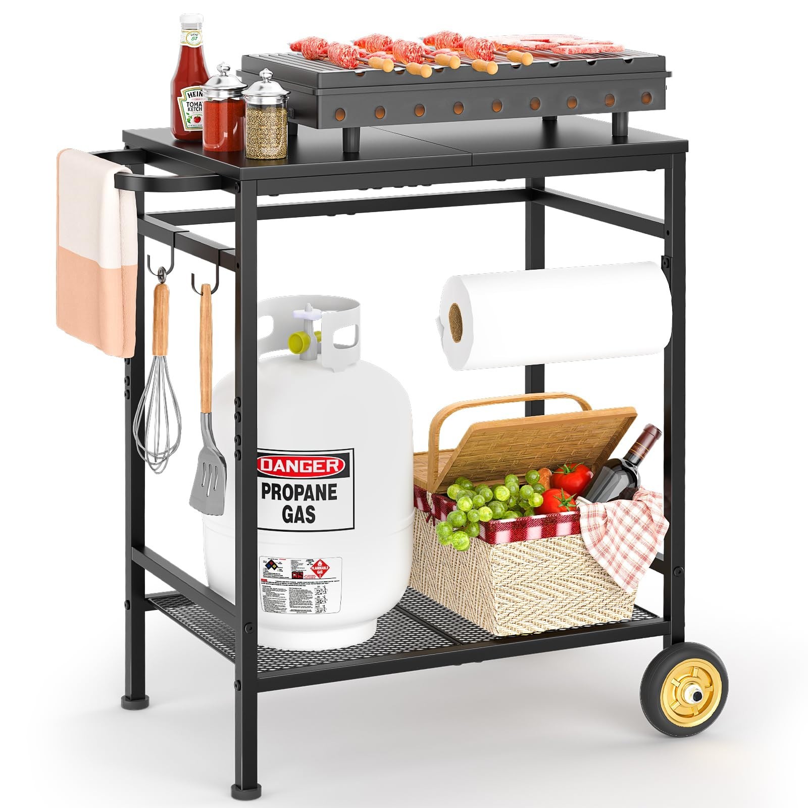 2-Tier Outdoor Grill Table with Wheels, Movable BBQ Prep Station, Rust-Resistant