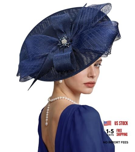 Kgromfy Women's Wide Brim Fascinator Hat Tea Party Headband Large Navy Blue
