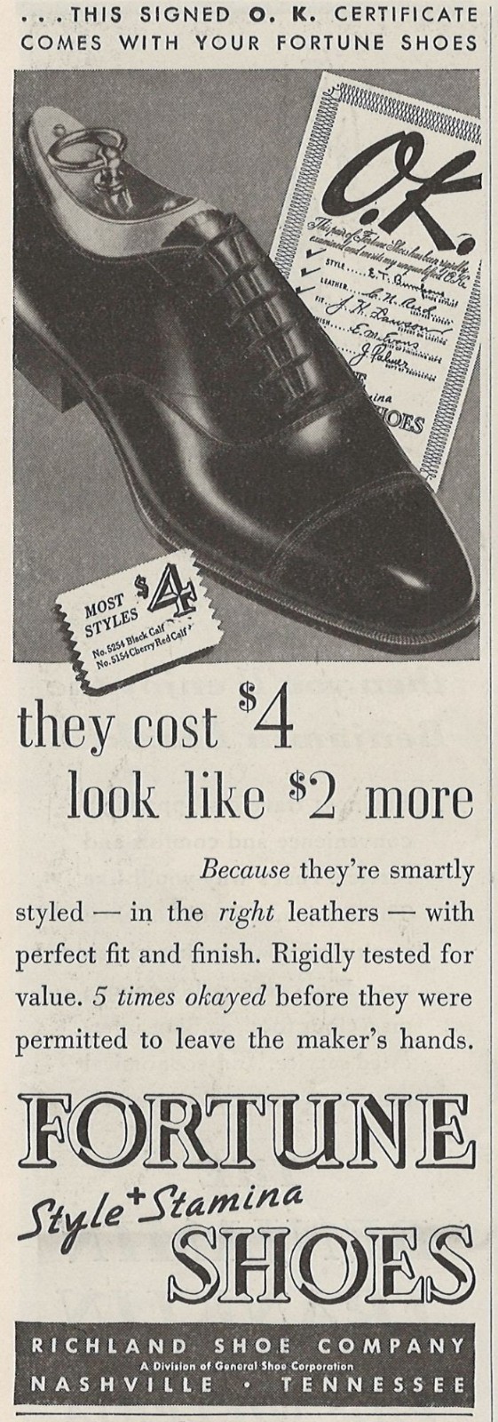 Richland Shoe Co Fortune Shoes Vintage Print Ad 1936 Nashville Tennessee u
