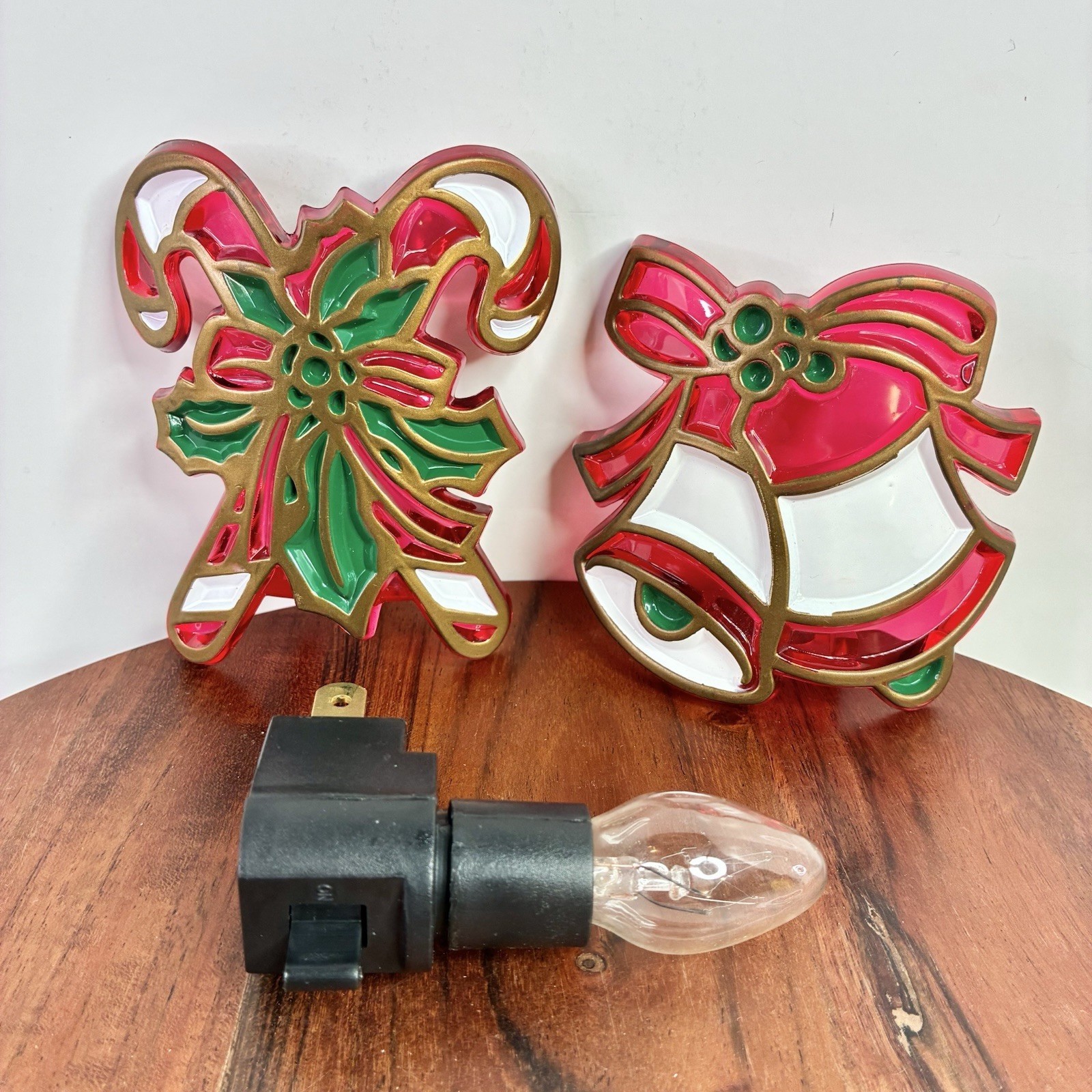 2 Night Lights Covers 1 Socket w/ Bulb Holiday Christmas Candy Cane Bells Holly
