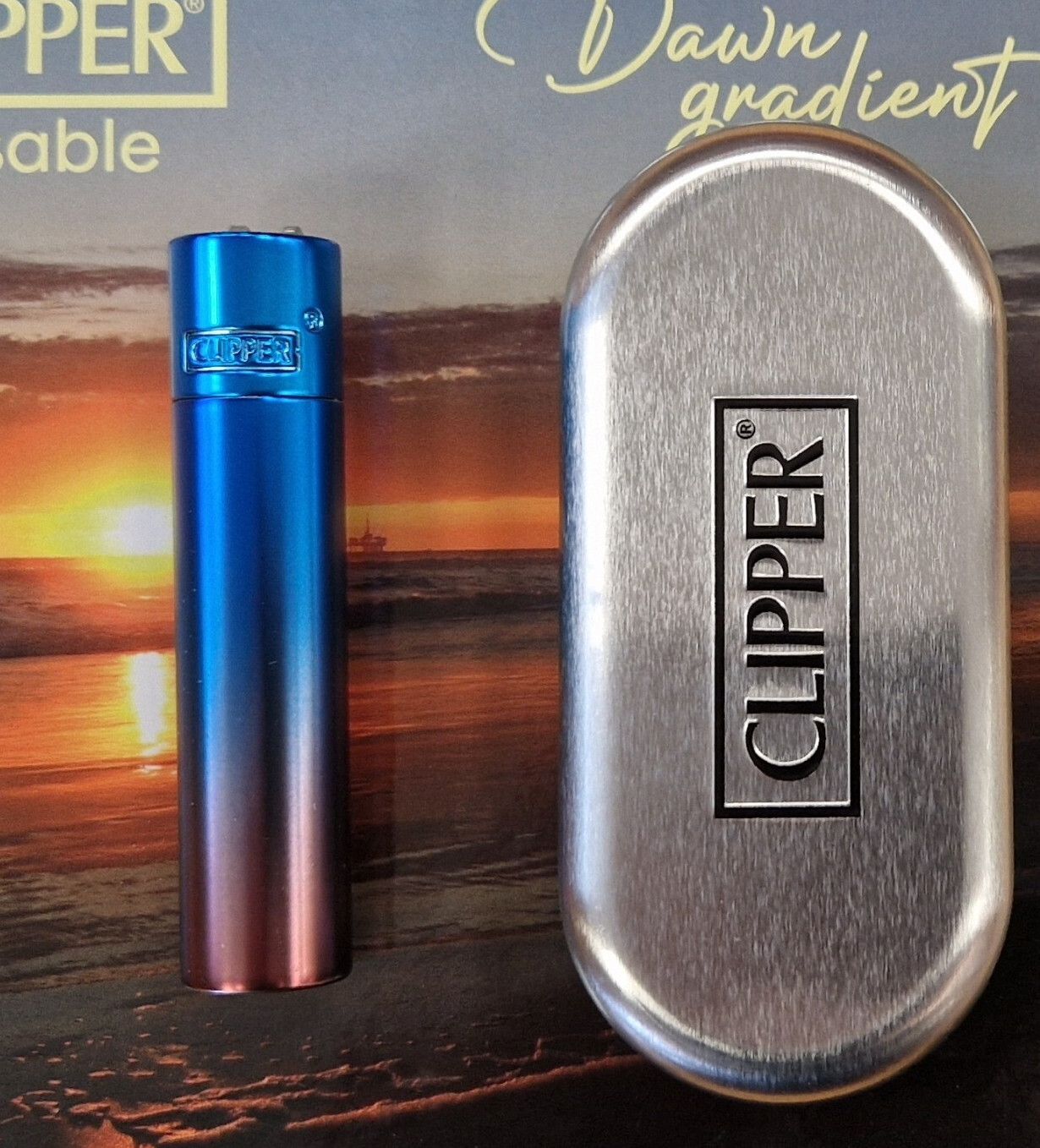 Genuine Clipper Metal Lighter Full Size Dawn Gradient With Chrome Case NEW
