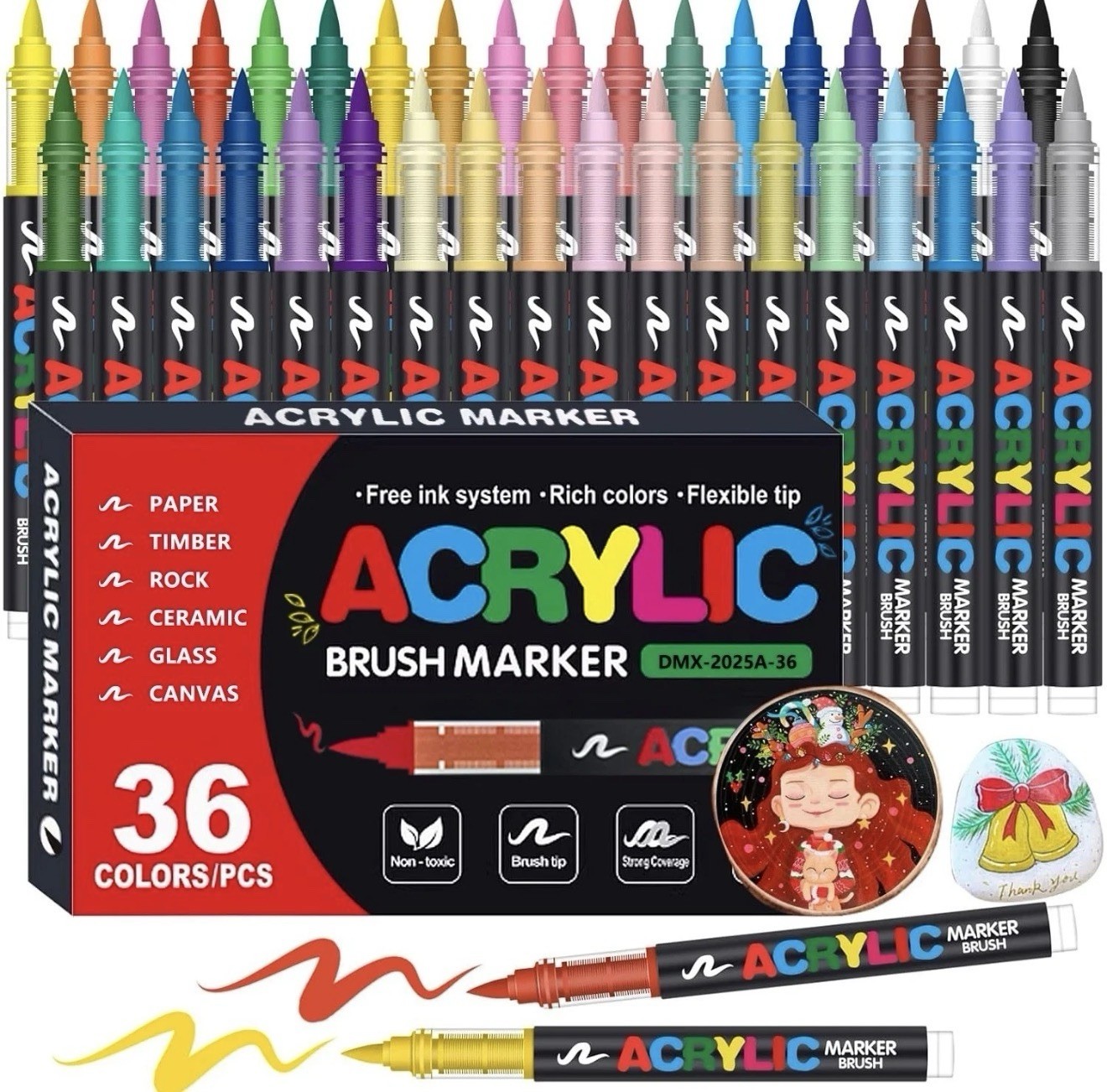 36 Acrylic Paint Markers Brush Tip Set Flexible Pens Rock Painting Wood Glass