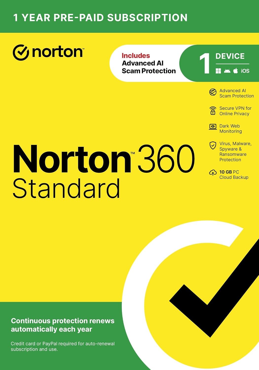 Norton 360 Standard, Antivirus software for 1 Device with Auto-Renewal – Include