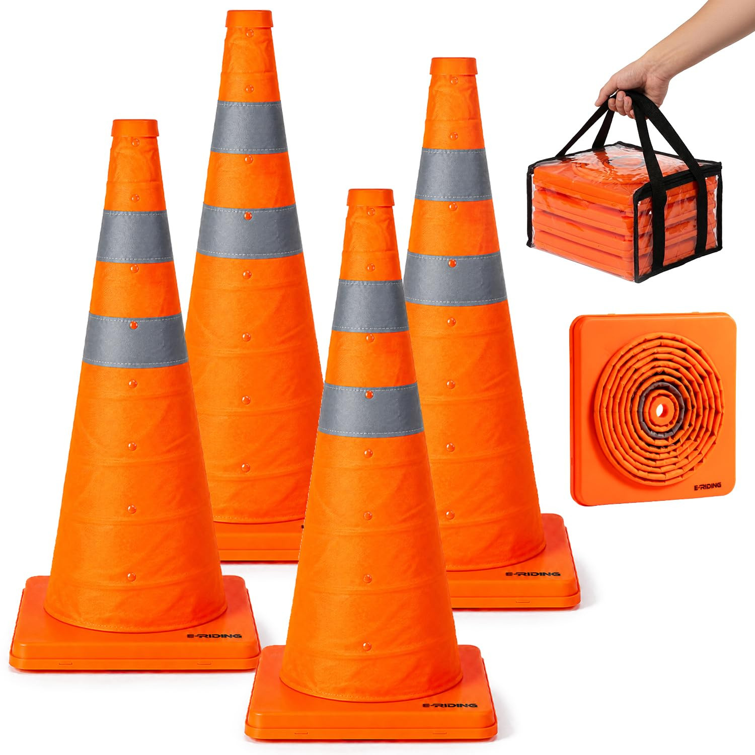 28 Inch 4 Pack Collapsible Traffic Cones, Pop-Up Orange Cones with 2 Reflective