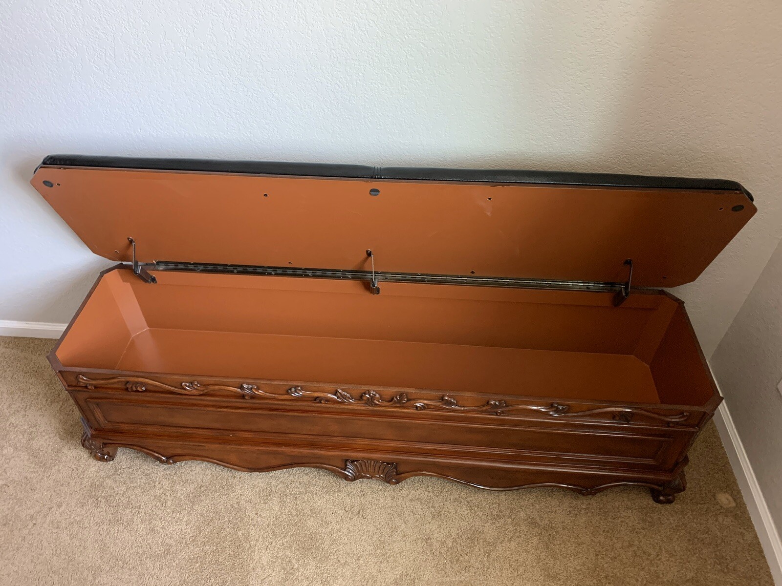 60"W WINSLOW STORAGE BENCH BLACK LEATHER ANTIQUE CHERRY