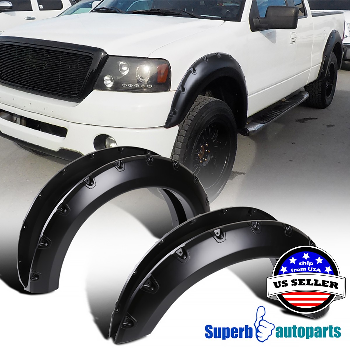 Fits 2004-2008 Ford F-150 Styleside 4PC Smooth Pocket Rivet Style Fender Flares