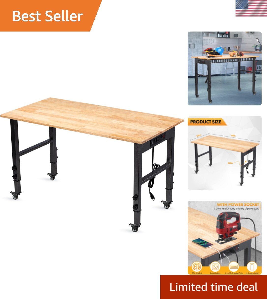 Versatile 48" Heavy-Duty Workbench with  Power Strip - Ideal for Garage Use