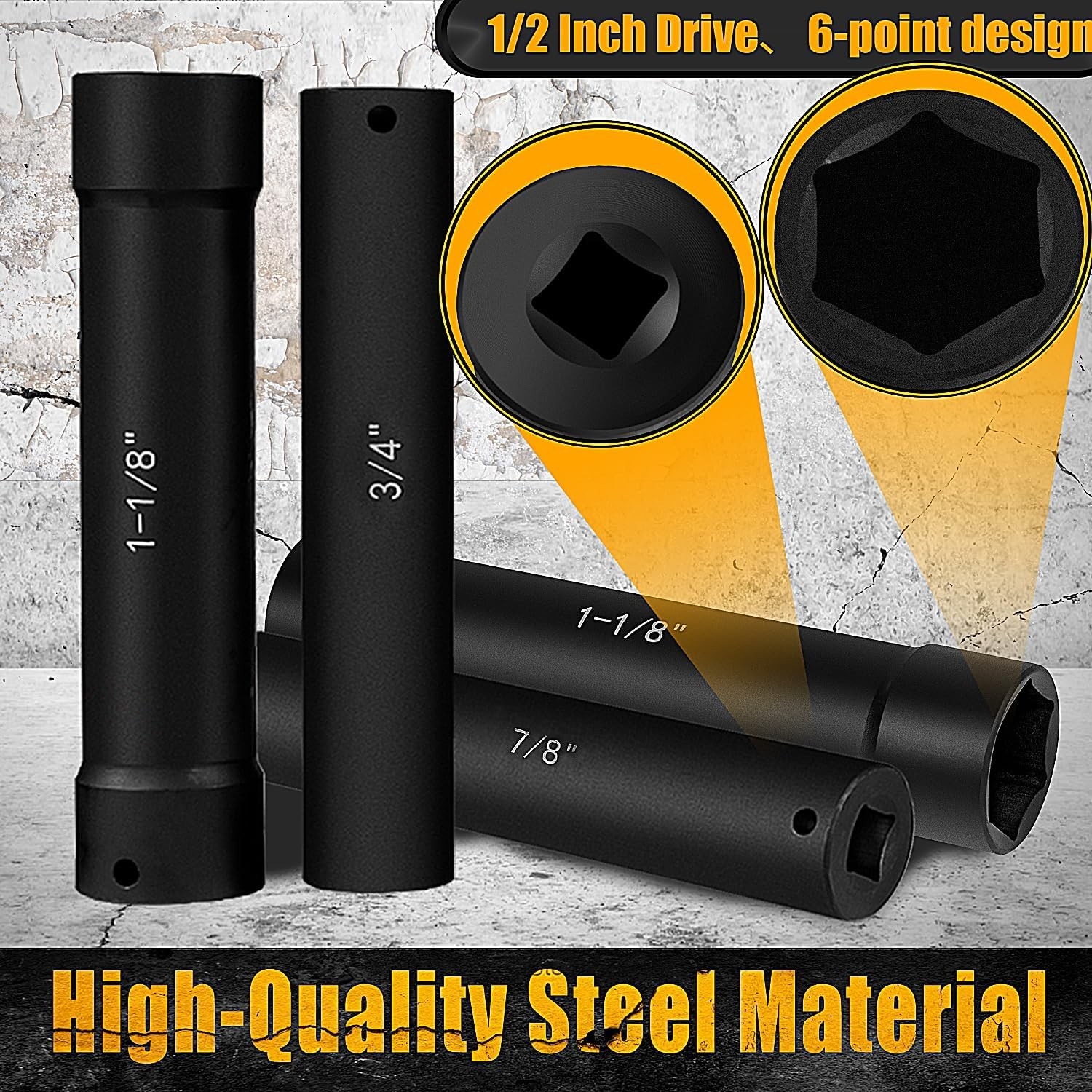 1/2 Inch Drive Extended Length Impact Socket Set 6Pcs, Extra Deep Socket Set Kit