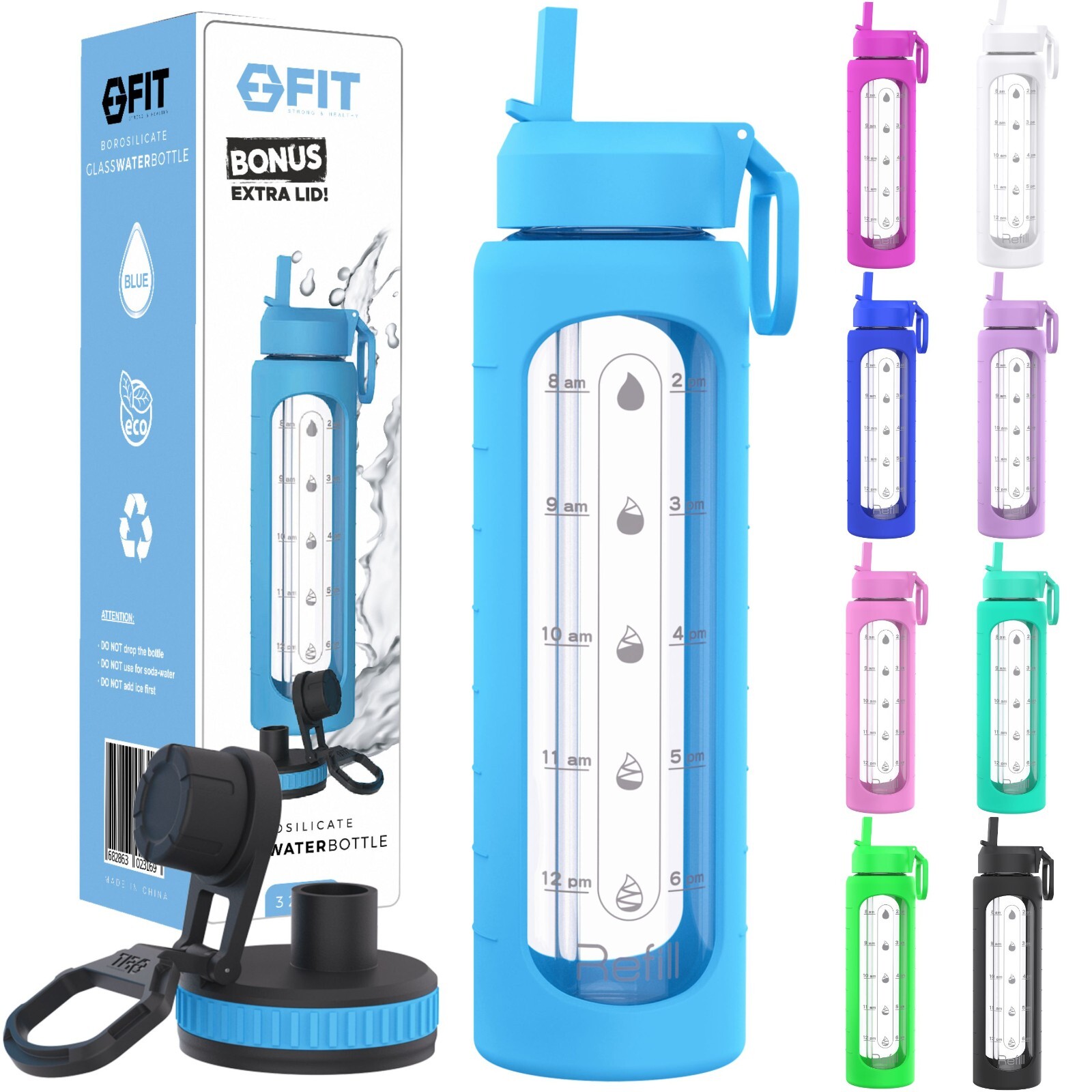 32 oz Glass Water Bottle with Time Marker Reminder and Silicone Sleeve (BLUE)