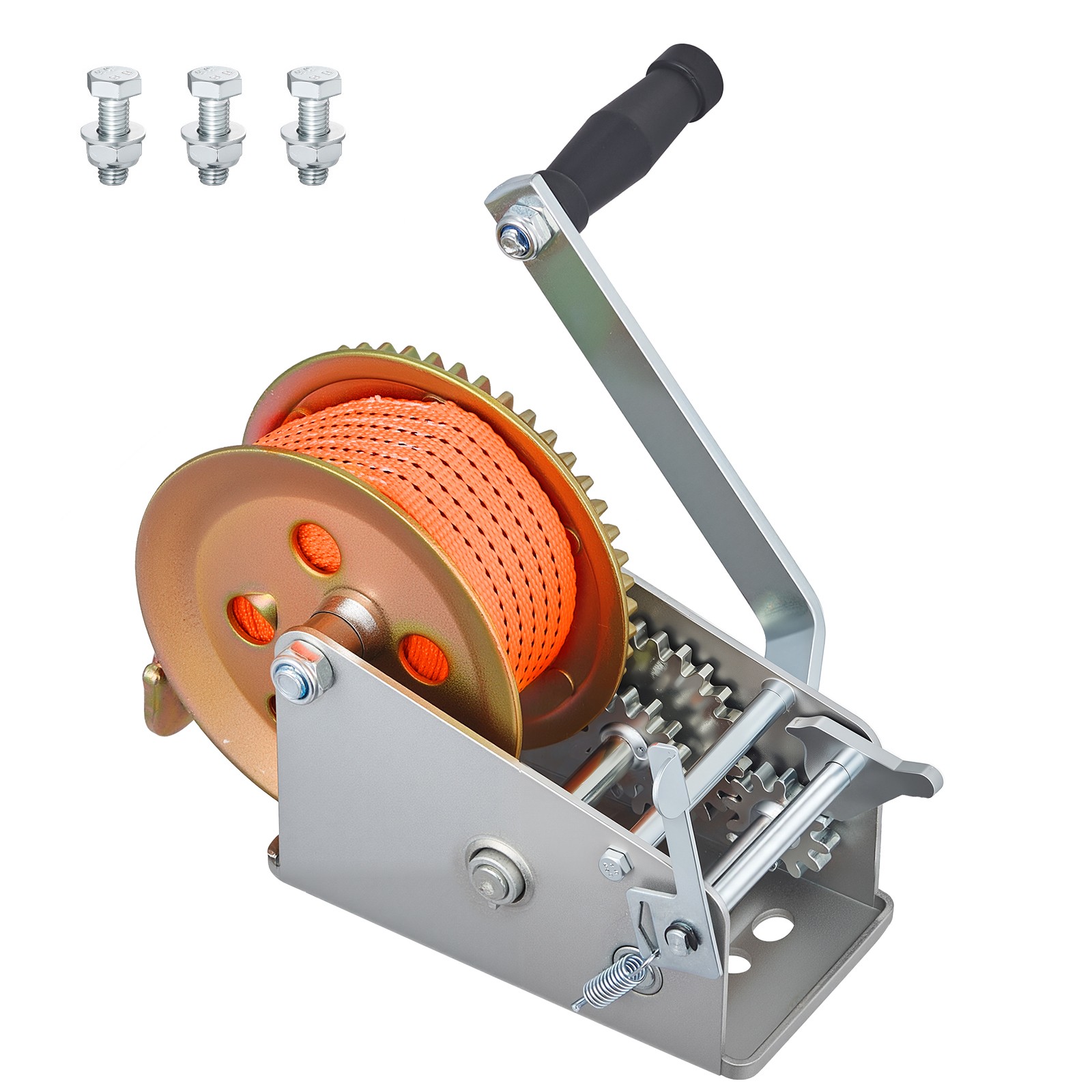 3500 lbs Hand Winch with 20ft Orange Strap, 2-Speed Switchable