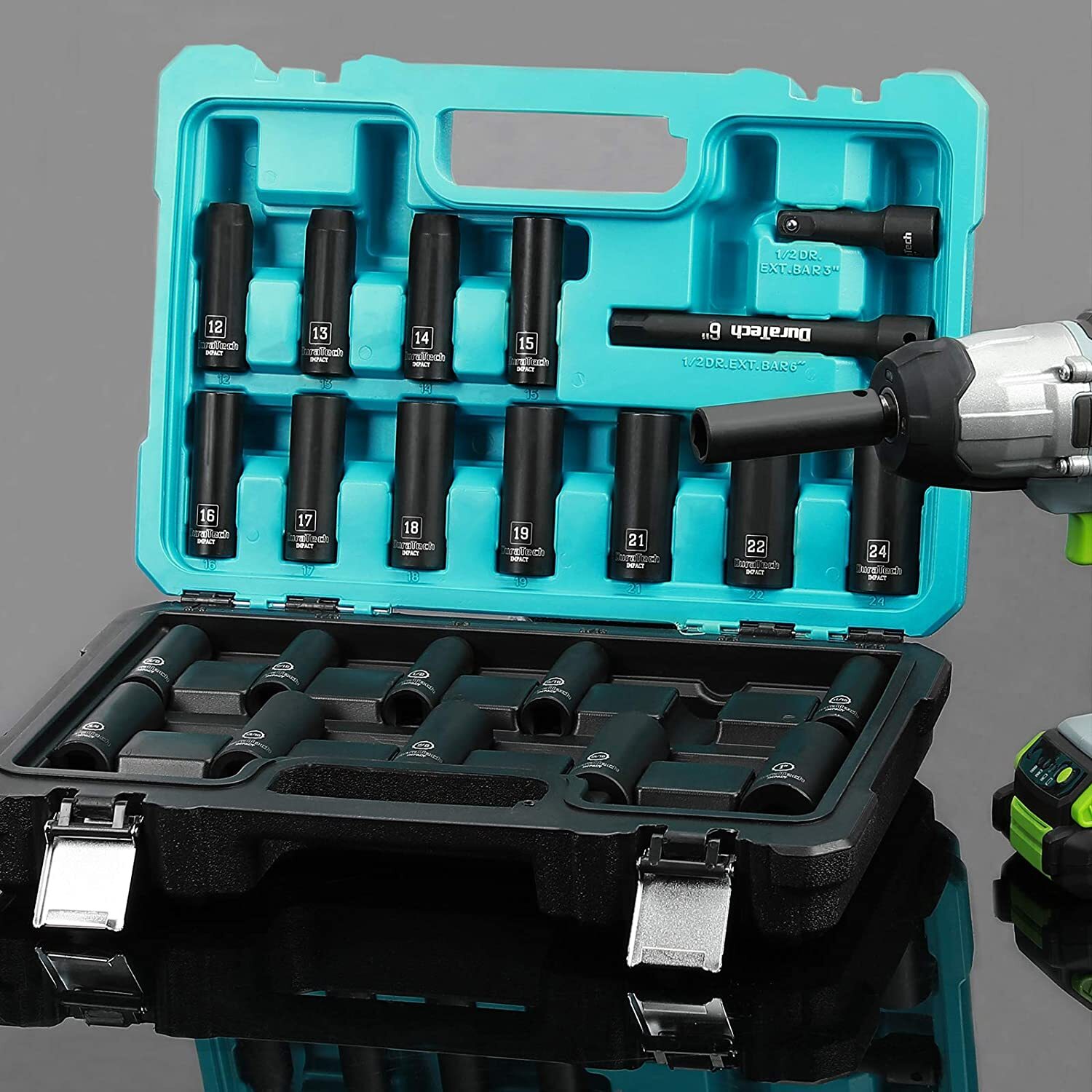 DURATECH 24PC Impact Socket Set 1/2" Dr Deep Impact Socket Set Metric SAE w/Case