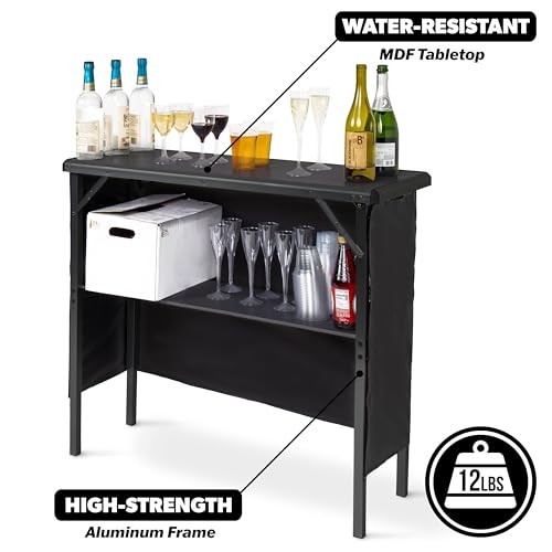 Portable Bar Table for Events - Black Pop Up Mobile Bartending Station w/ LED &