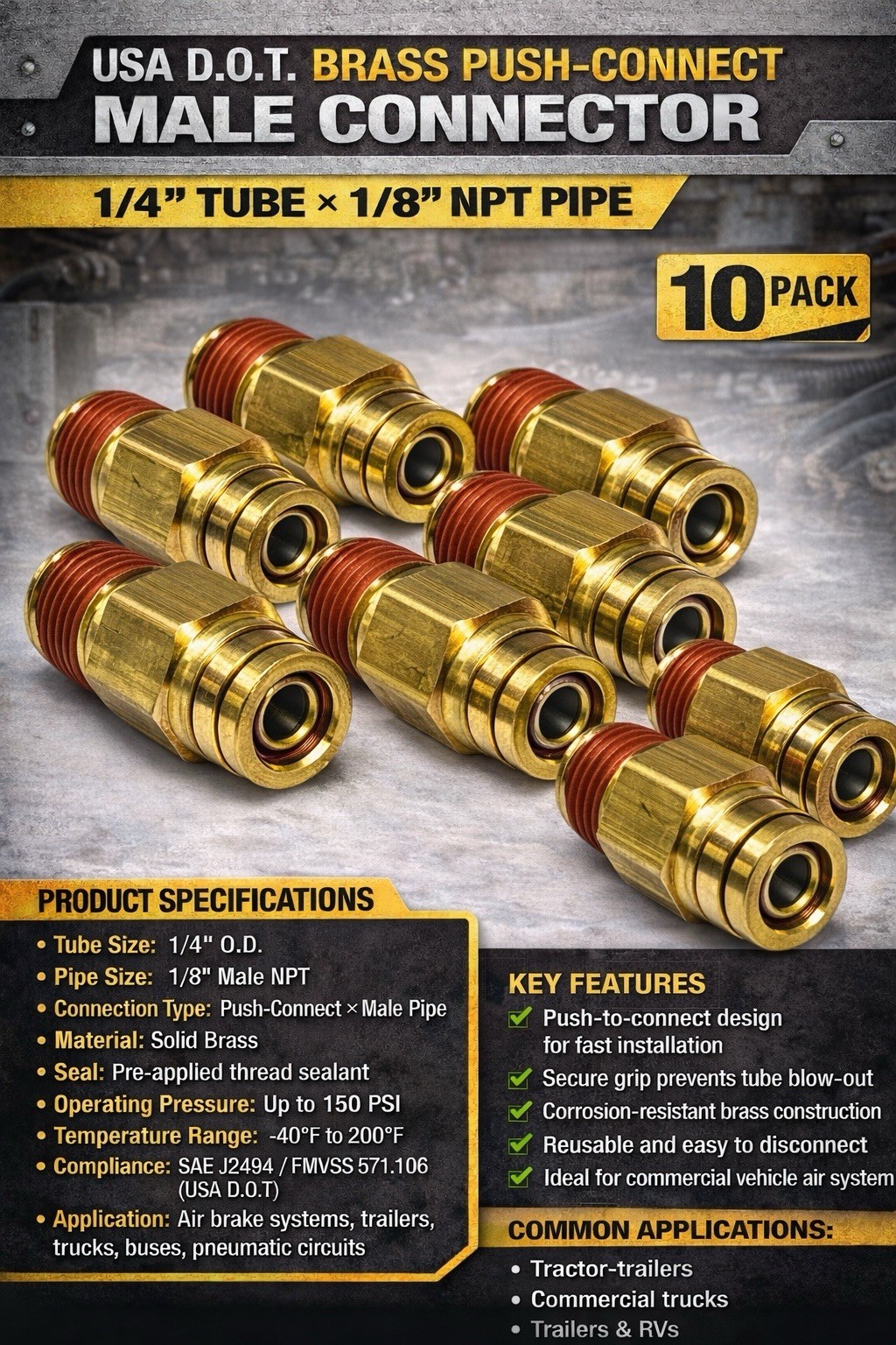 1/4 Tube X 1/8 Pipe Brass Dot Male Connector Fitting Push Connect-USA 10 Pack