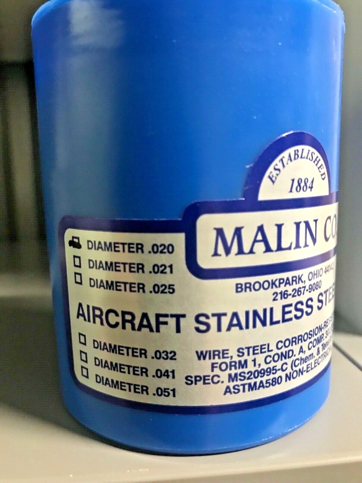 1 lb. ROLL of .020 MALIN AVIATION S/S AIRCRAFT SAFETY WIRE