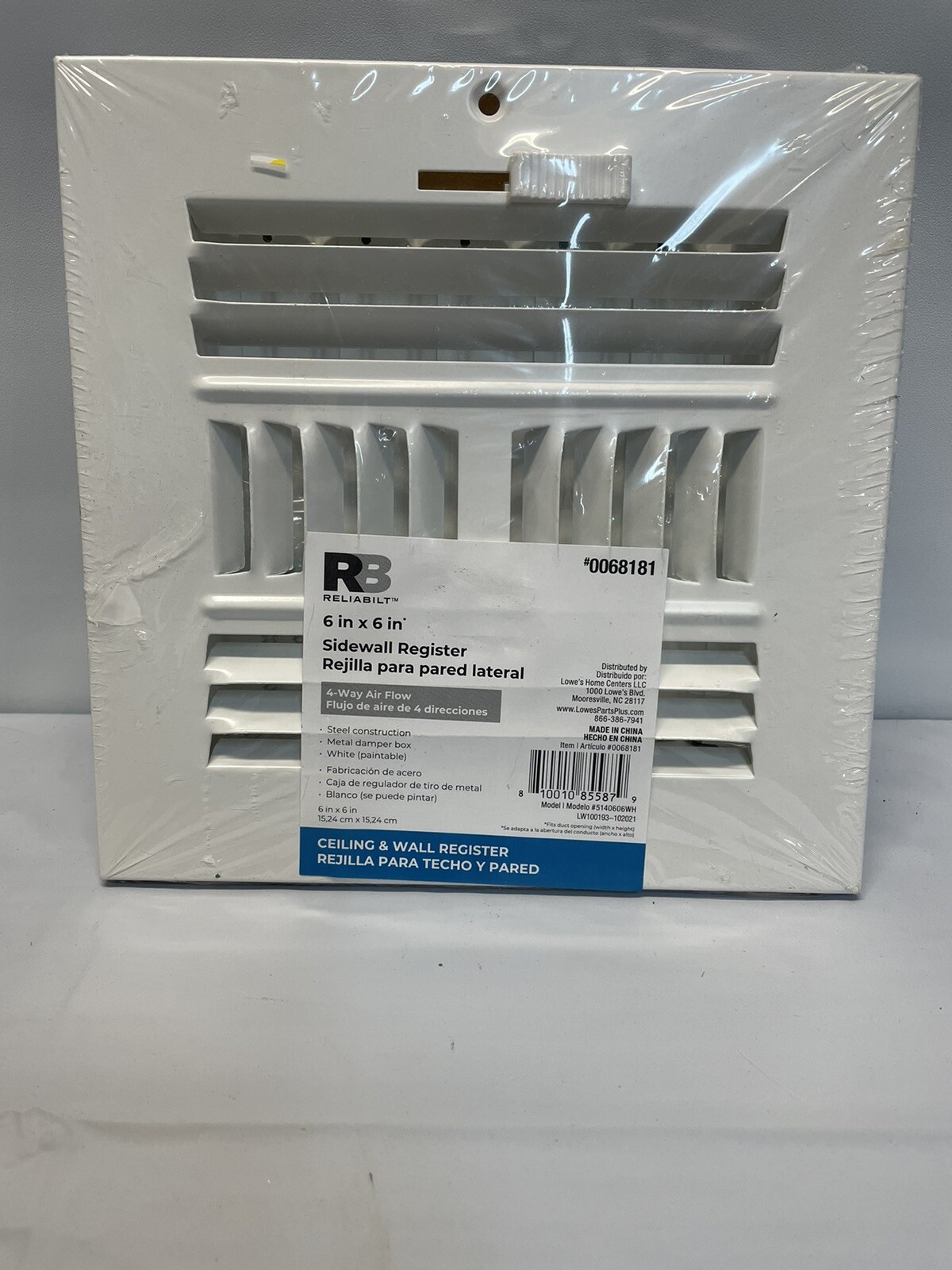 ReliaBilt 6" x 6" Steel 4-way Sidewall/Ceiling Register in White  #0068181