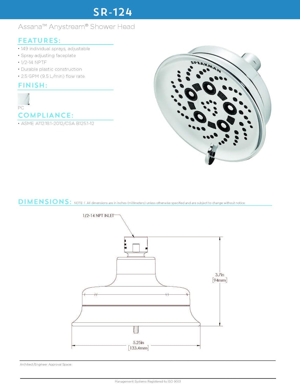 SR-124 Assana Anystream Multi-Function Shower Head, Polished Chrome