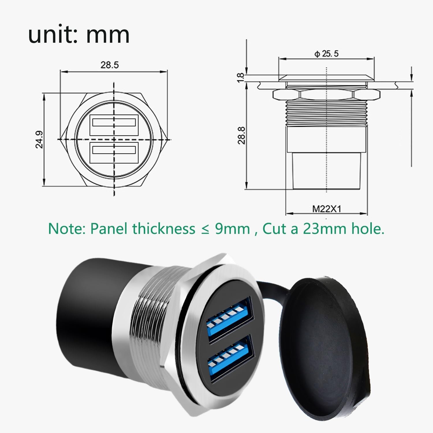 YiKaiEn Dual USB 3.0 Panel Mount Adapter - Threaded Round 1-Pack Silver