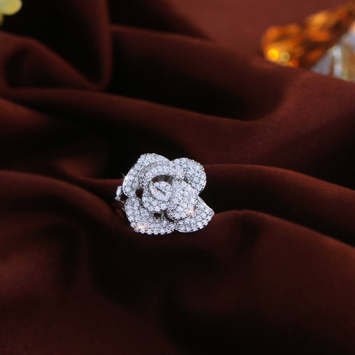 Silver Plated Cubic Zirconia Micro Paved Rose Flower Adjustable Ring for Women