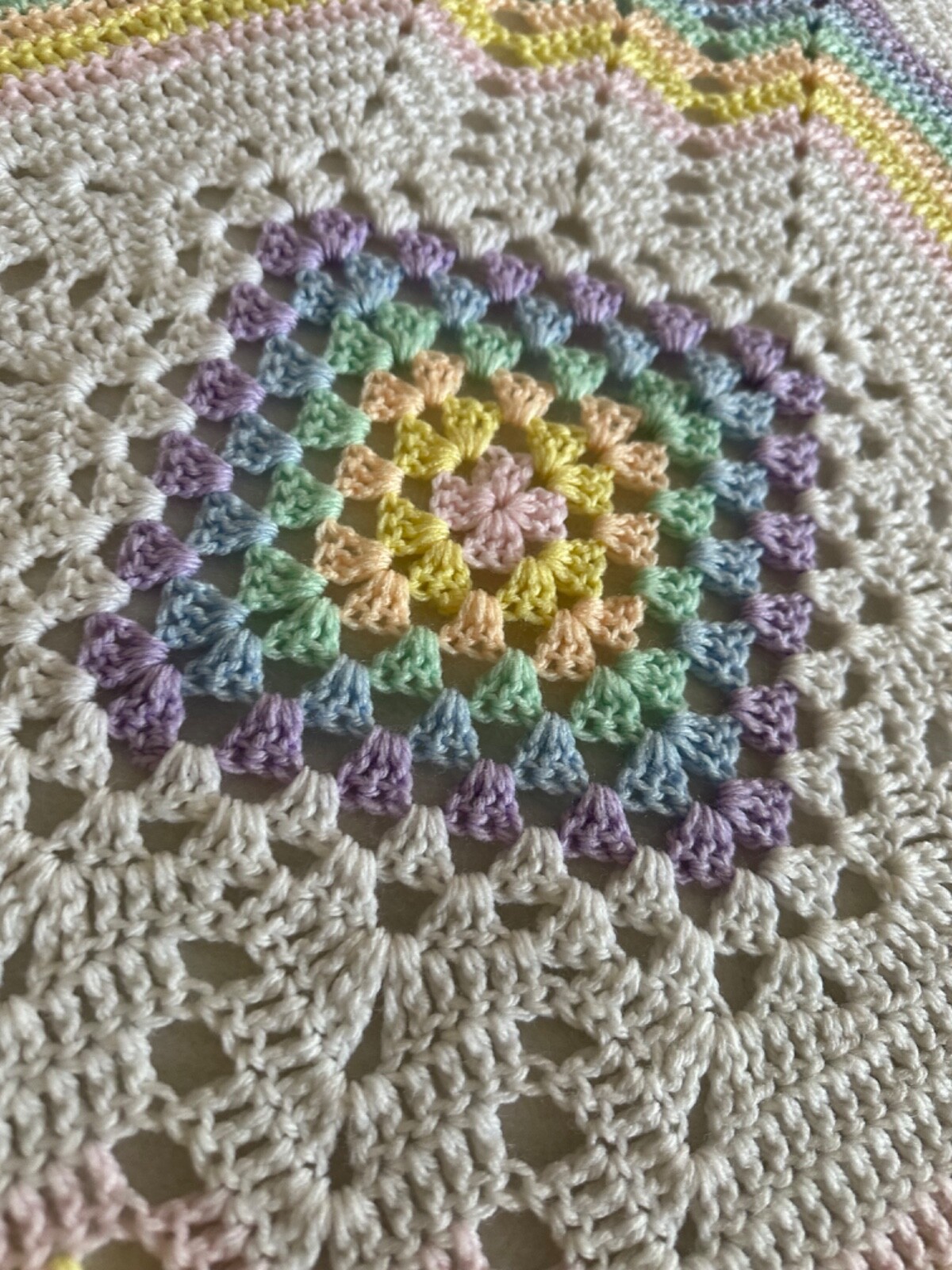 Hand Knitted Blanket 4 ft by 4 ft White w/ Soft Pastels