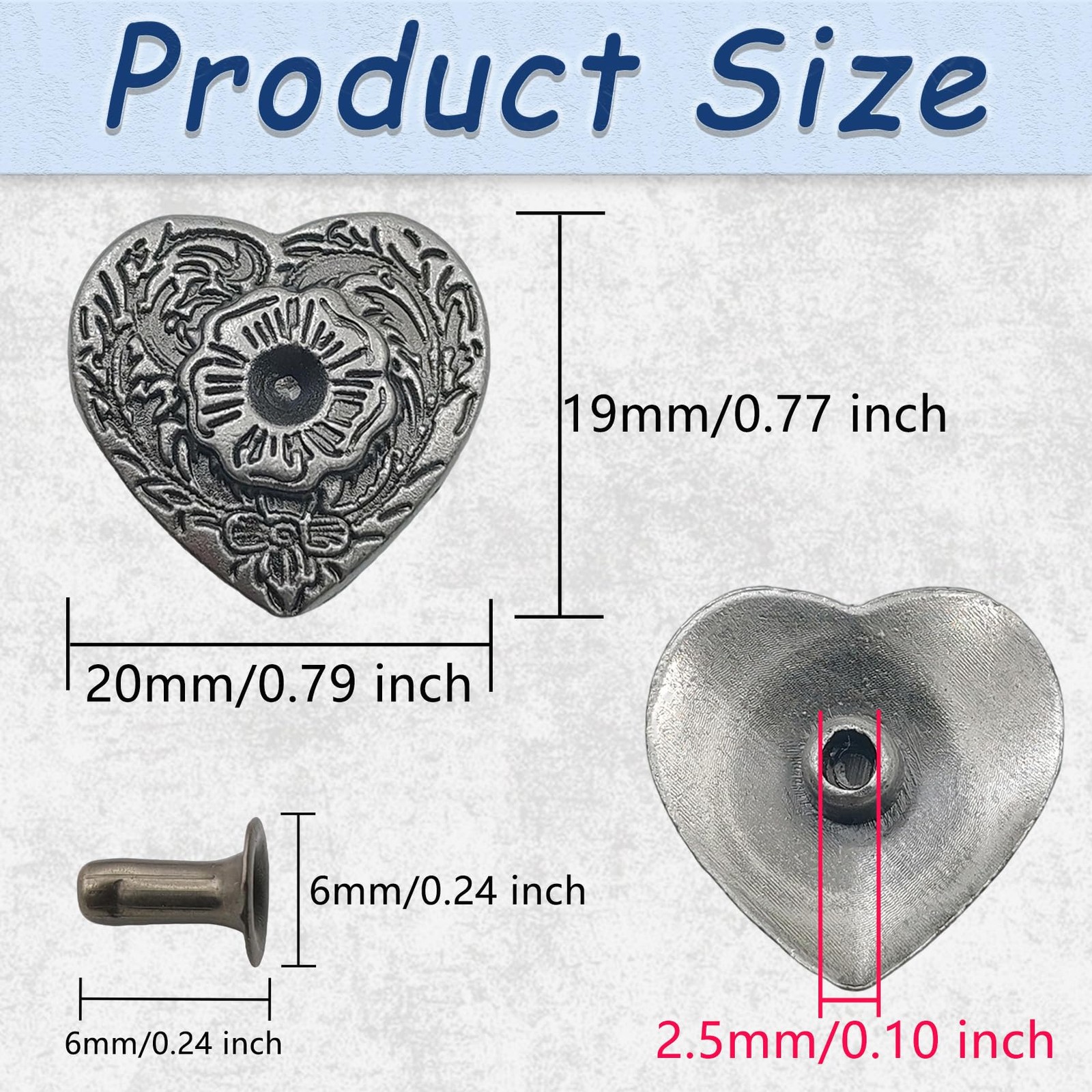 20 PCS Silver Heart Pattern Buttons Love Rivets Retro Carving Texture Bag