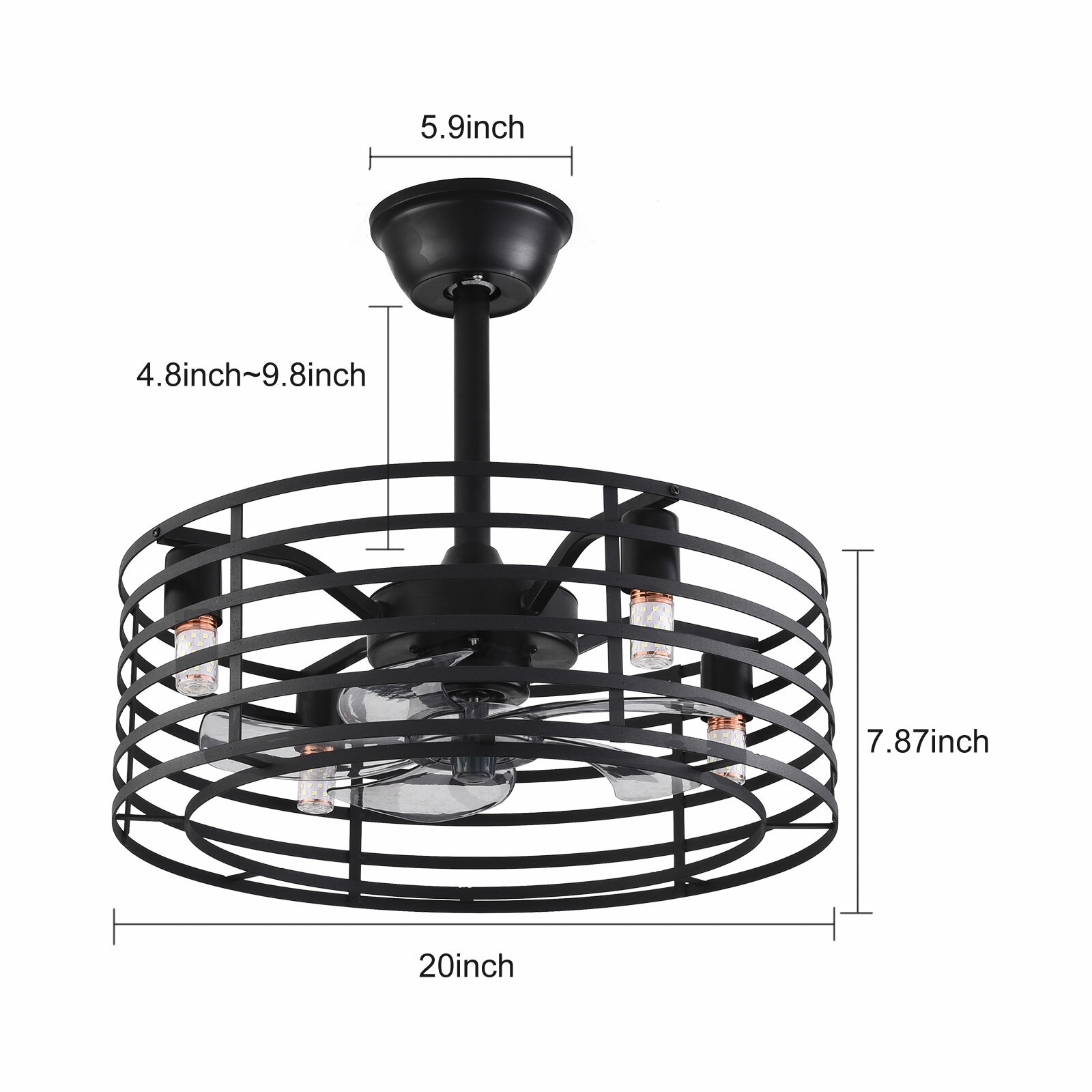 20" Rustic Caged Bladeless Ceiling Fan with Light Remote Control Flush Mount Fan