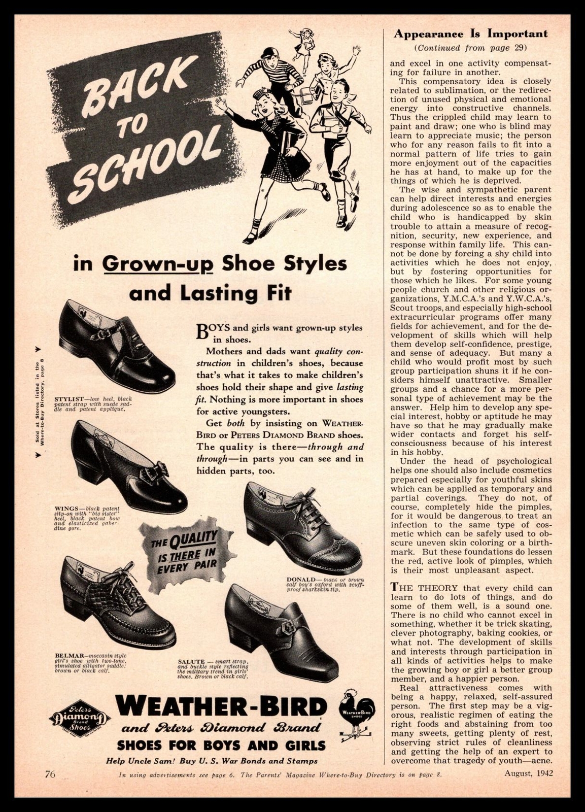 1942 Weather-Bird Rooster Peters Diamond Brand Back To School Kid Shoes Print Ad