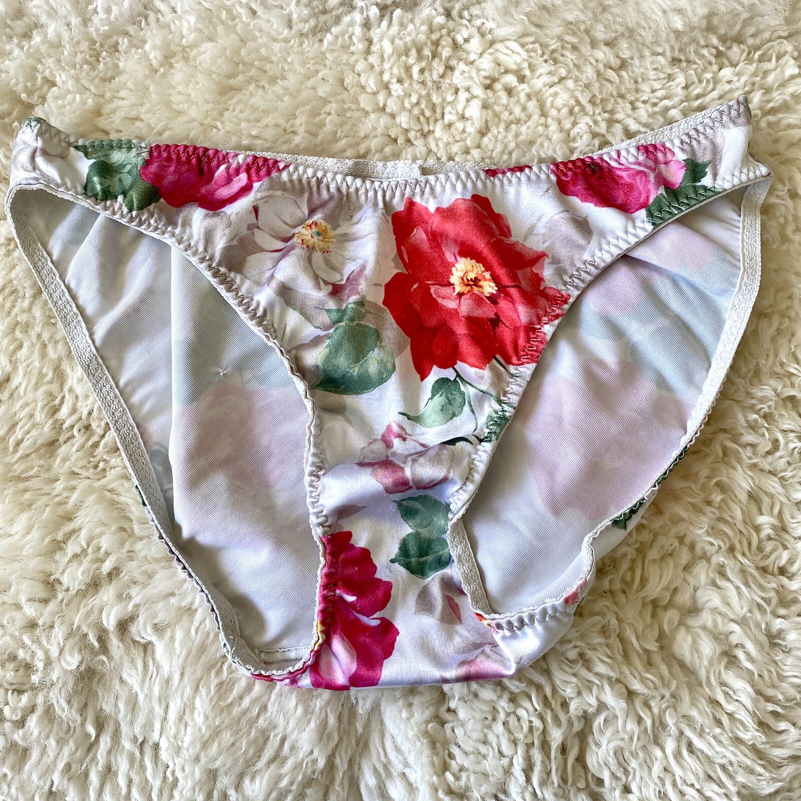 Vintage FLORAL Shiny PANTIES Bikini Brief SATIN STRETCH Second Skin L/7 USA