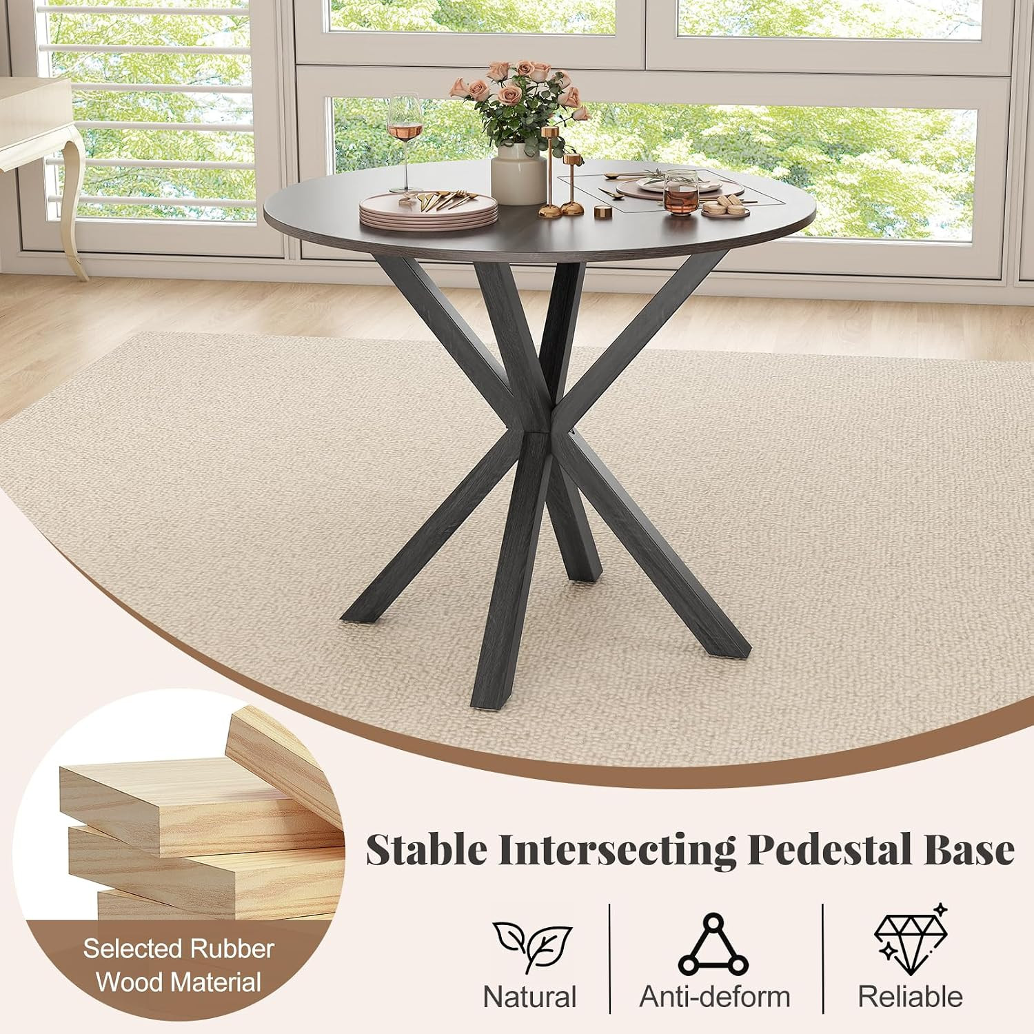 Modern 36" Round Dining Table for 2-4 with Rubber Wood Legs - Black