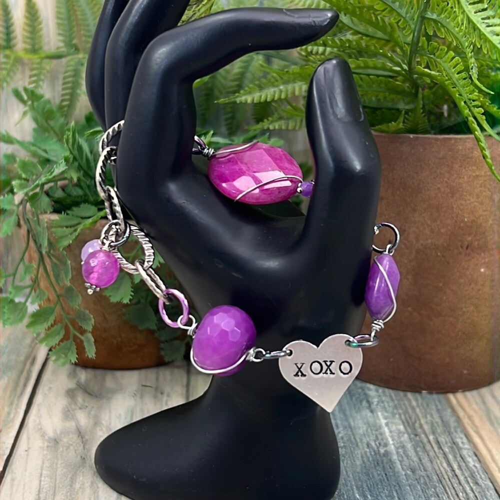 Adorned Crown Artisan Assemblage dyed pink and purple quartz xoxo heart bracelet