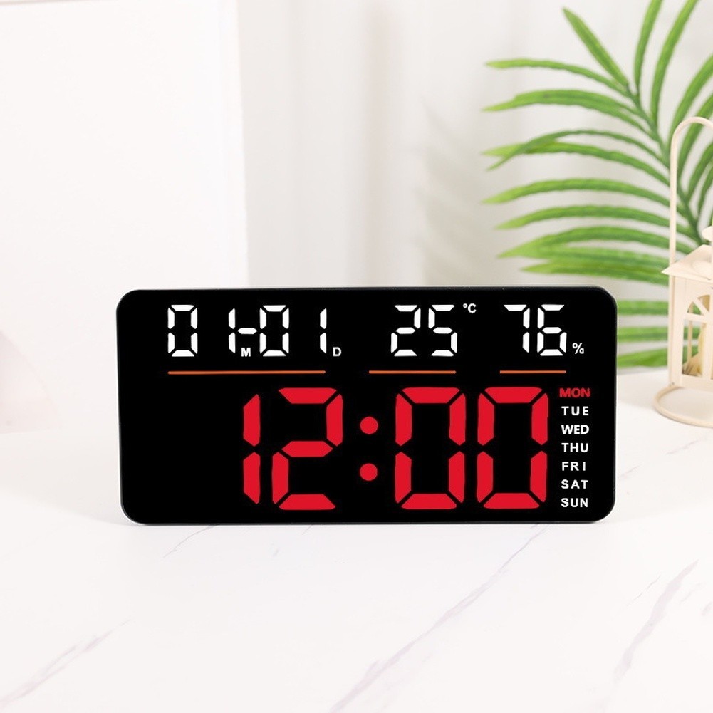 Digital LED Wall Clock with Calendar Weekday Temperature Display Dual Alarm