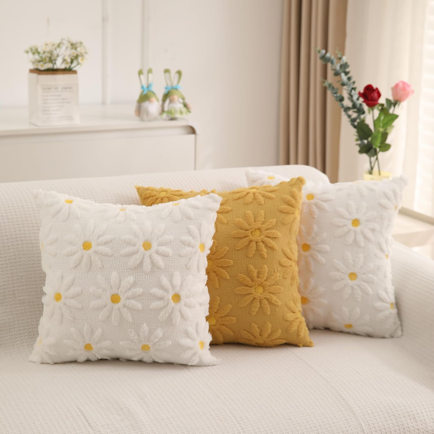 Spring Summer Pillow Covers 18X18 Inch Set of 2 White Daisy Flower Outdoor Farmh