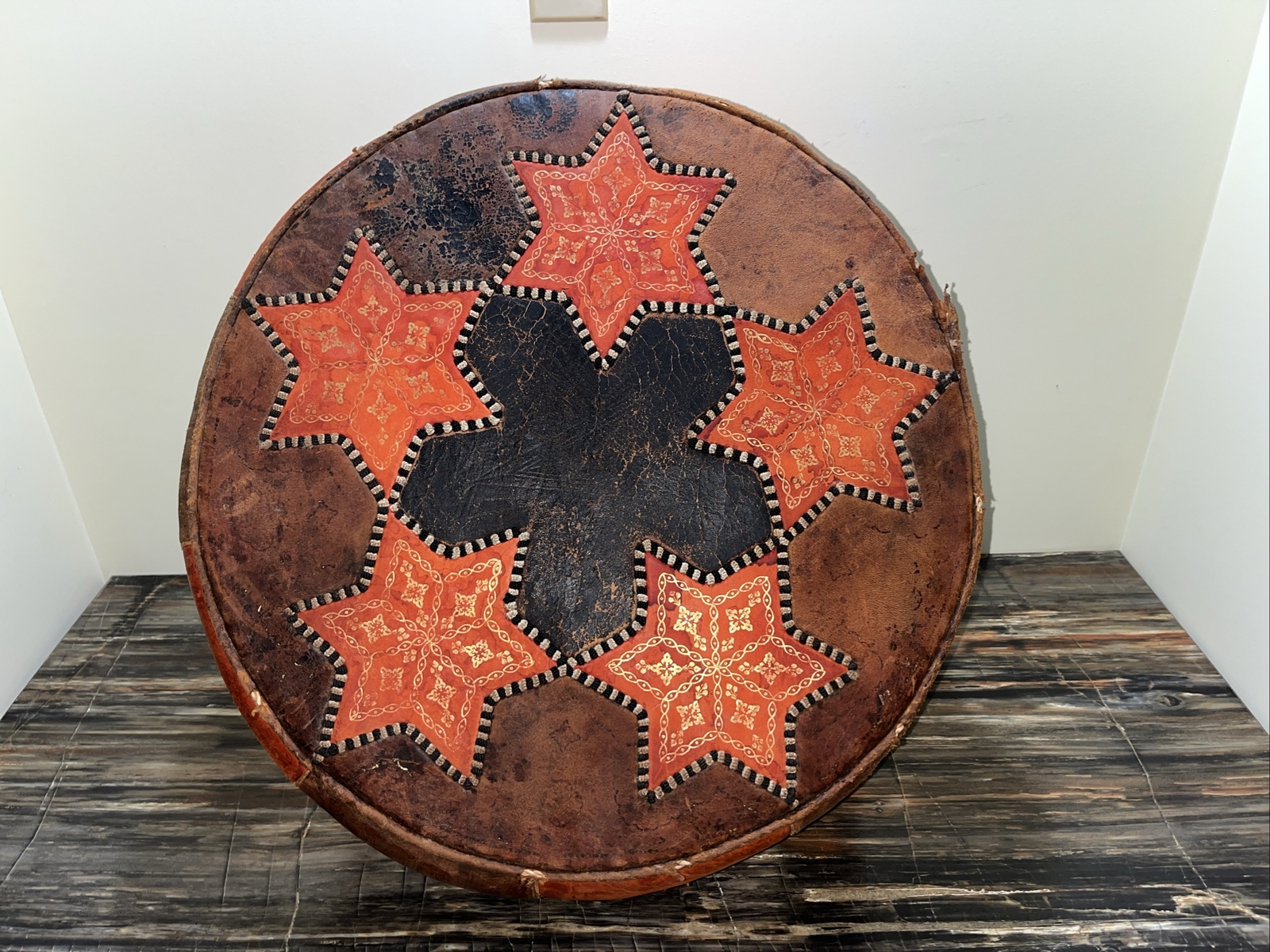 Vtg MCM/Hippy/Boho Patchwork Foot Stool Seat Cushion Poof Ottoman Leather