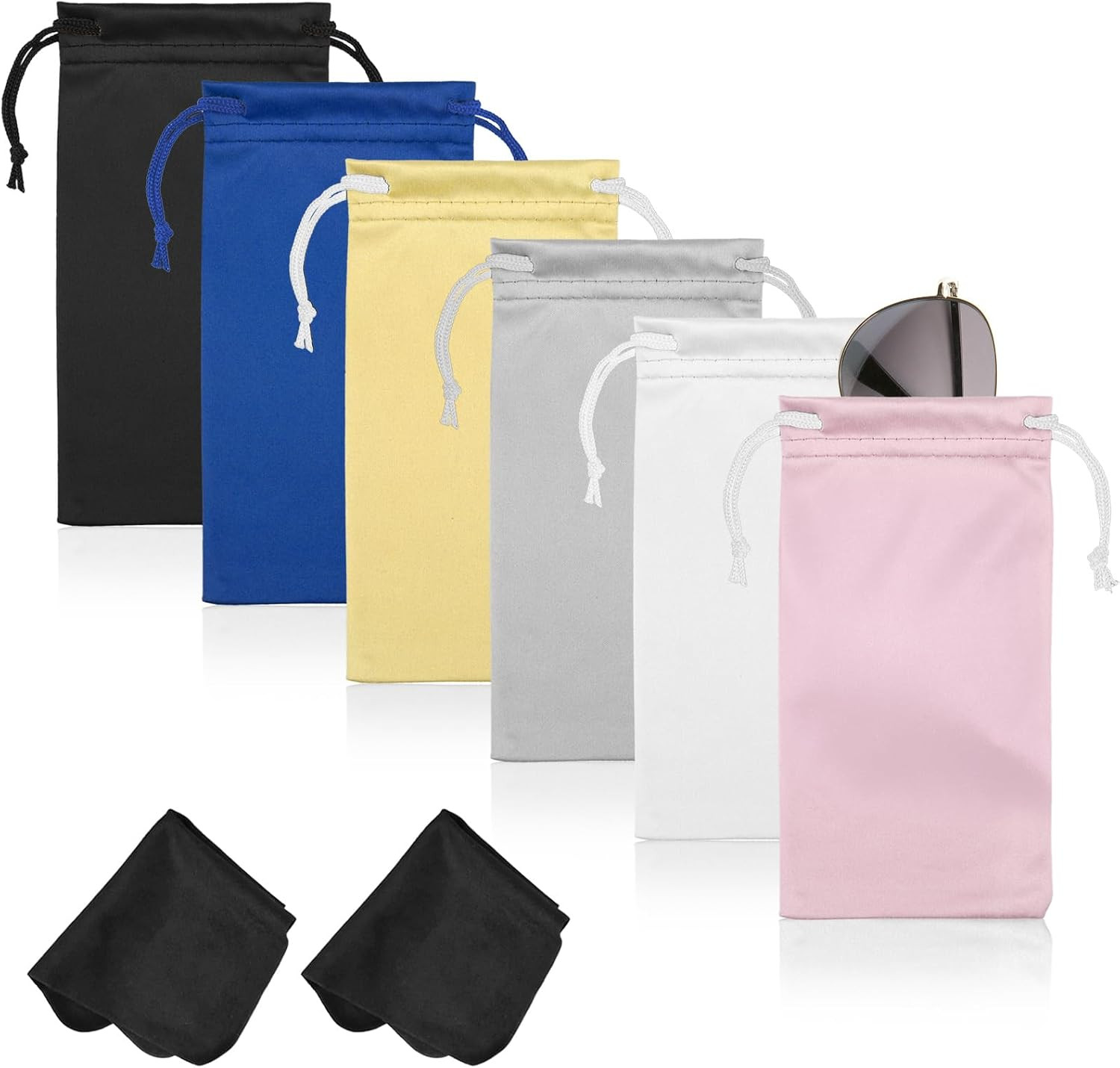 6 Pcs Microfiber Glasses Sunglasses Pouch with 2 Cleaning Cloths, Soft Drawstrin