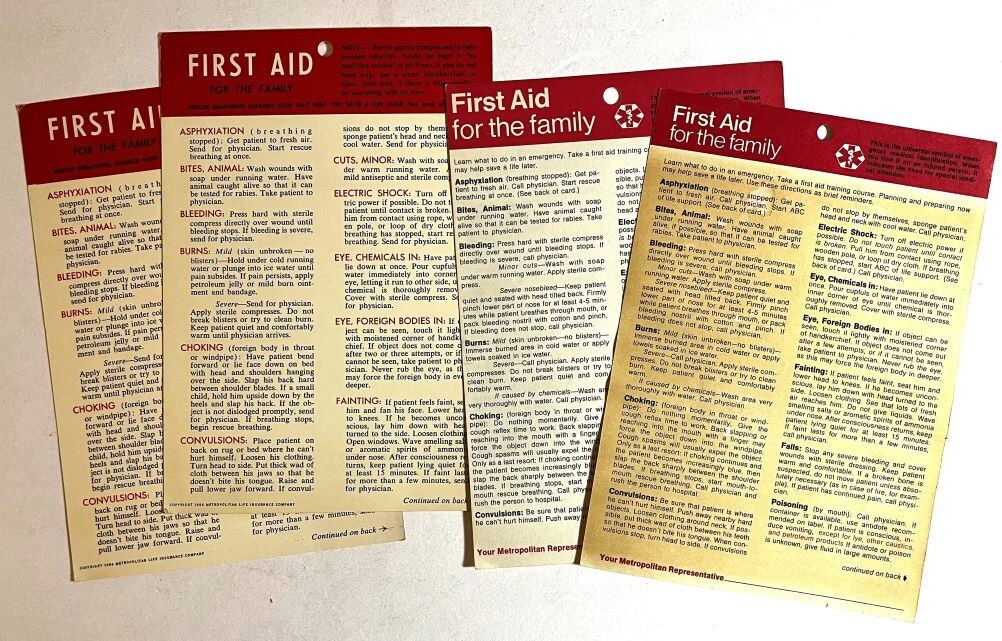 FIRST AID for the FAMILY ~ 1959 &1974 Lot of Hang Cards by Met Life