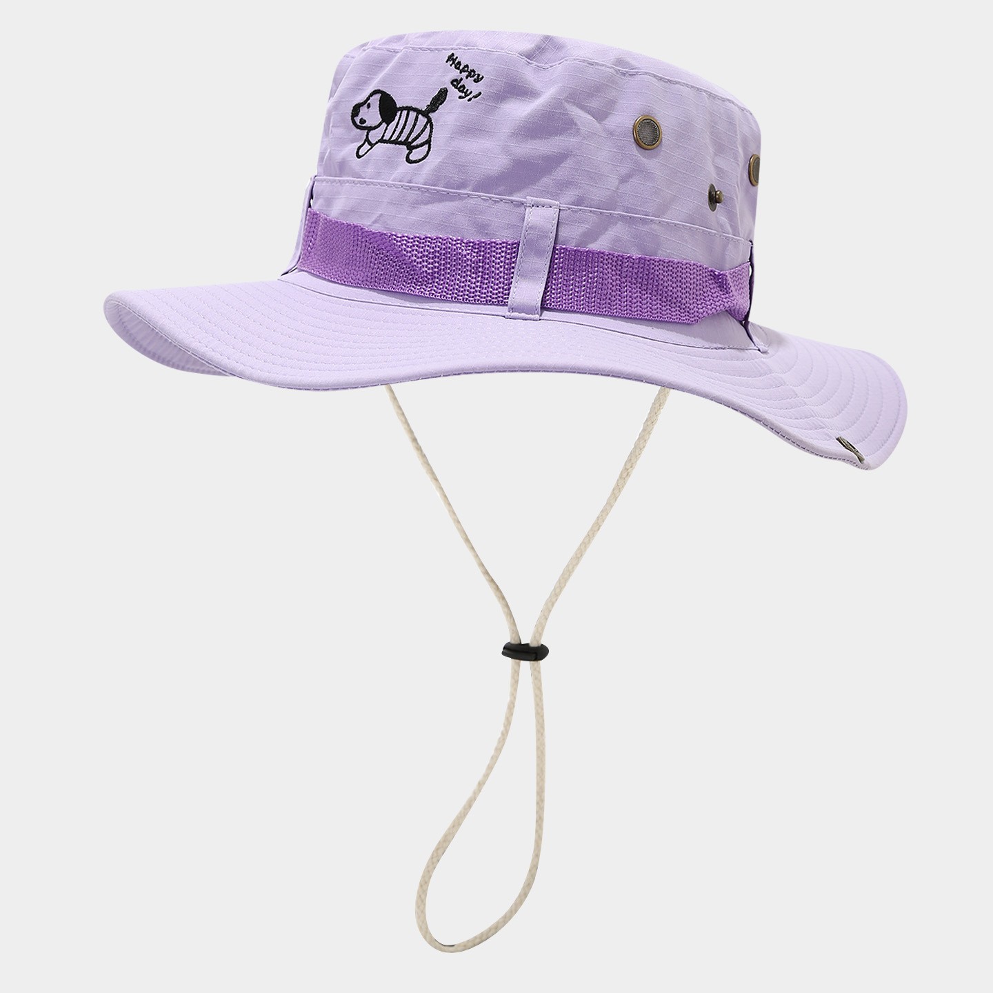 Women Outdoor Bucket Hat Dog Embroidery Quick Dry Wide Brim Sun Hat