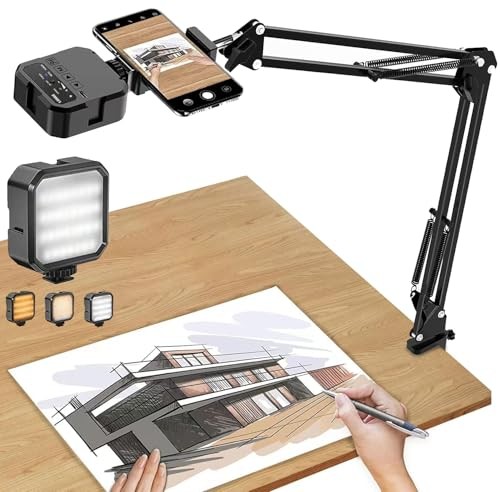 Overhead Phone Mount, Articulating Arm Cell Phone Holder with LED Light,