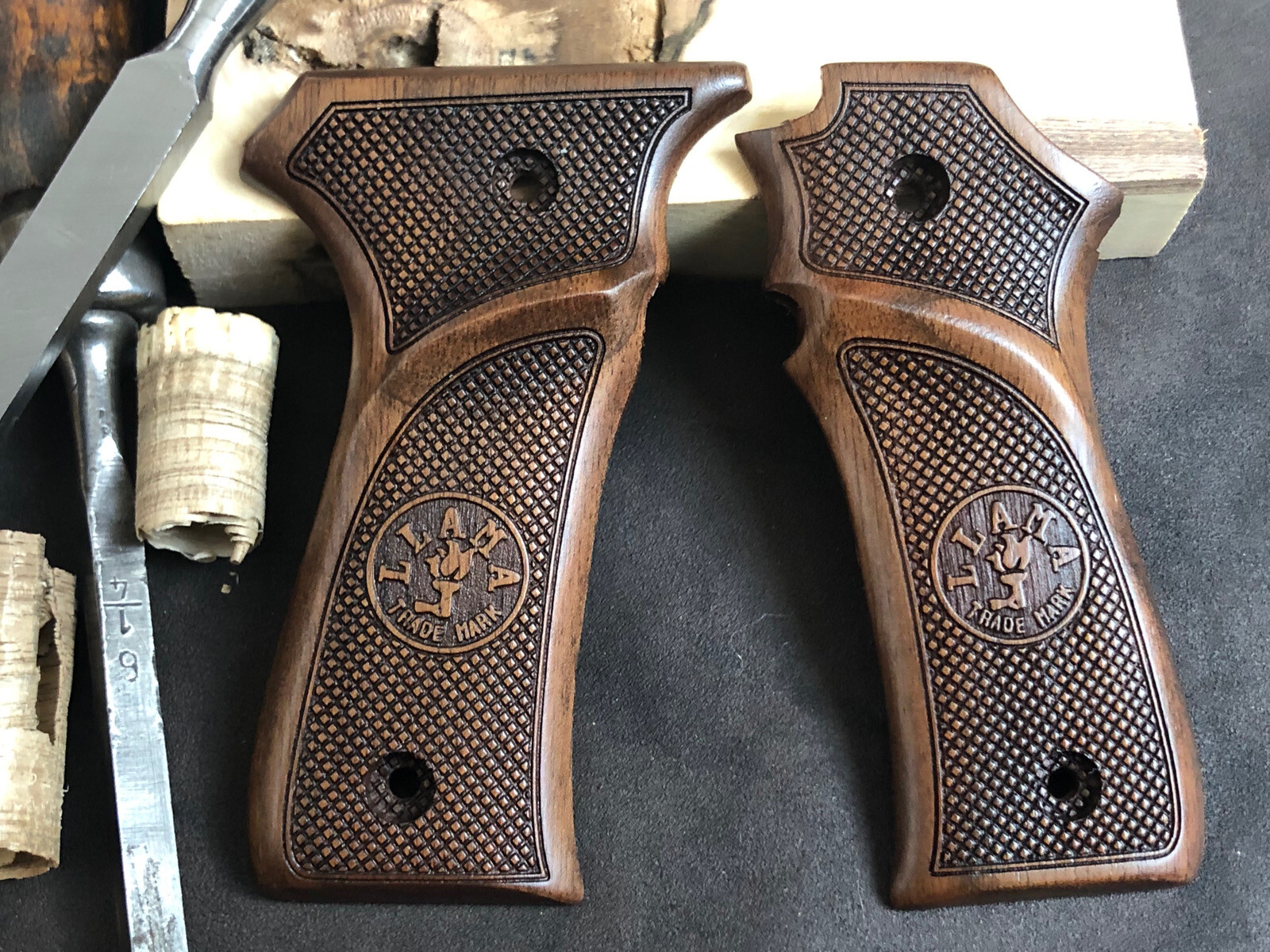 Llama 32 ACP Turkish Walnut Wood Grips. Handmade. Checkered. FAST USA SHIPPING