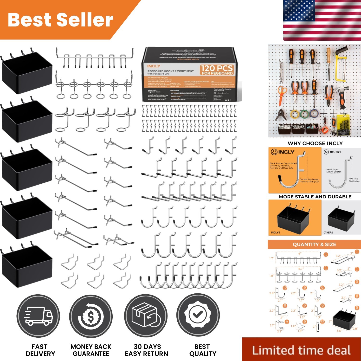 Industrial Pegboard Organizer Bundle, 120PCS Hooks & Bins for Garage Storage
