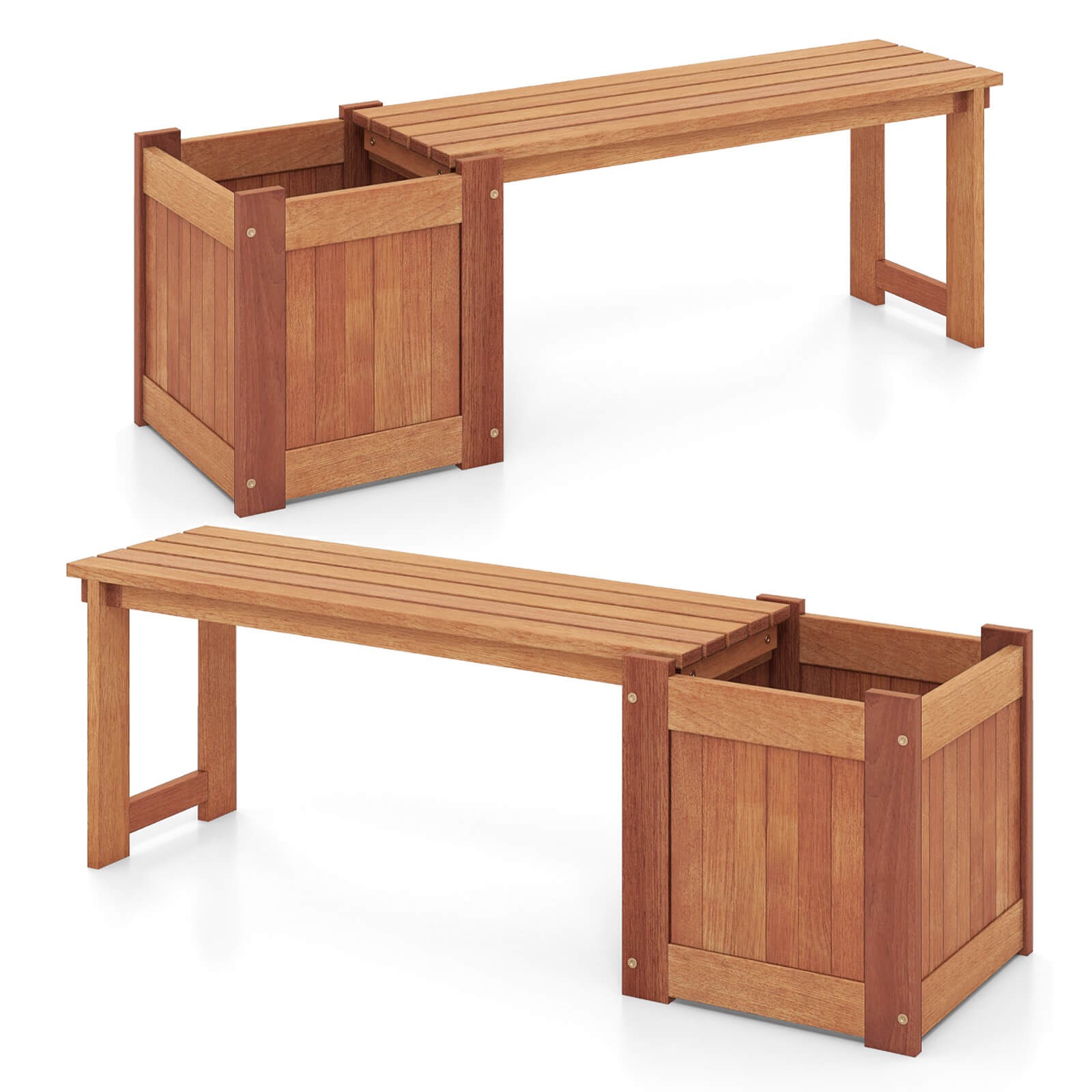 2PCS Hardwood Flower Box w/ Bench Spacious Seat Open-ended Bottom Perfect