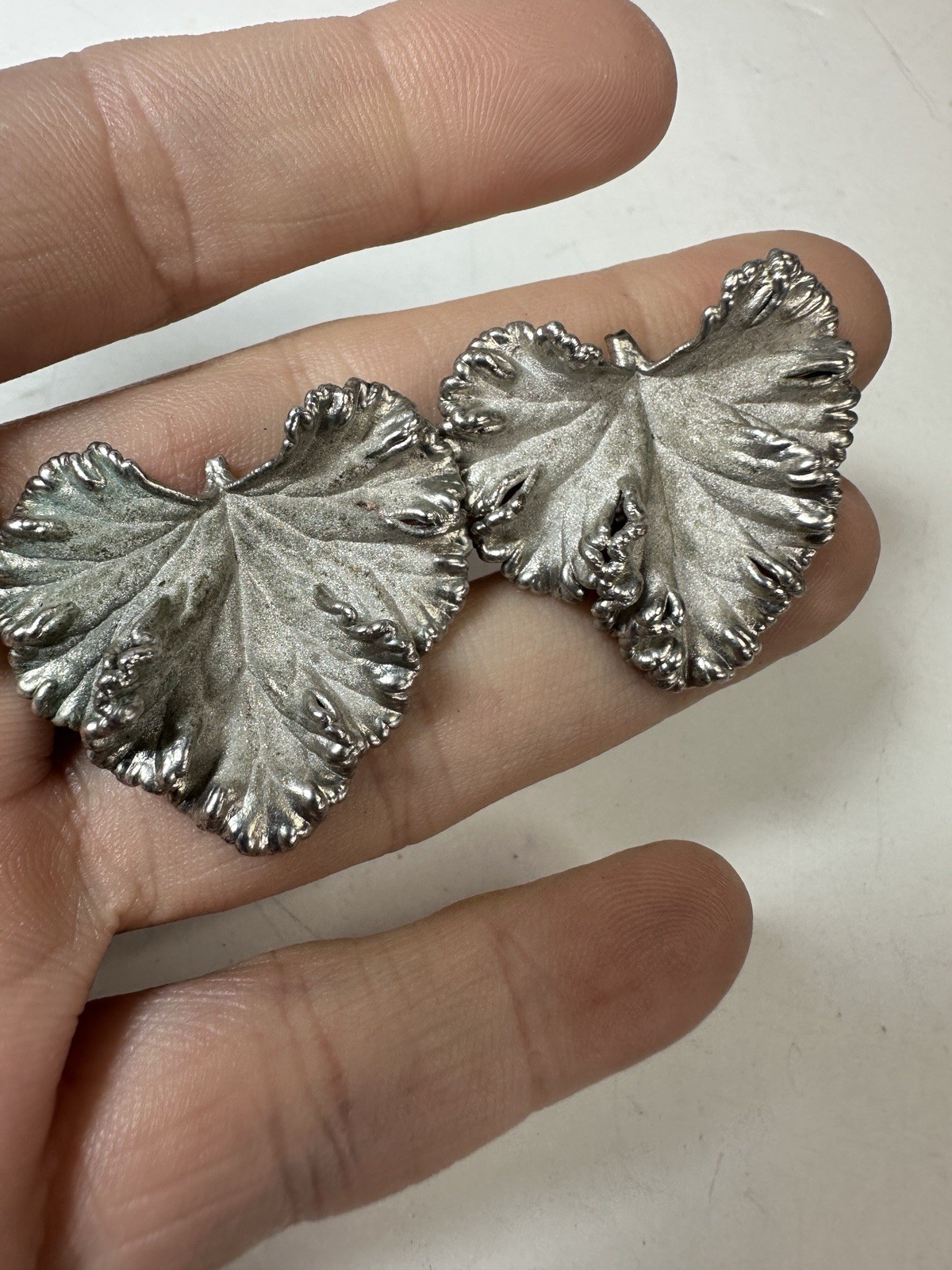 Vintage Earrings Clip On Leaf Realistic Matte Silvertone