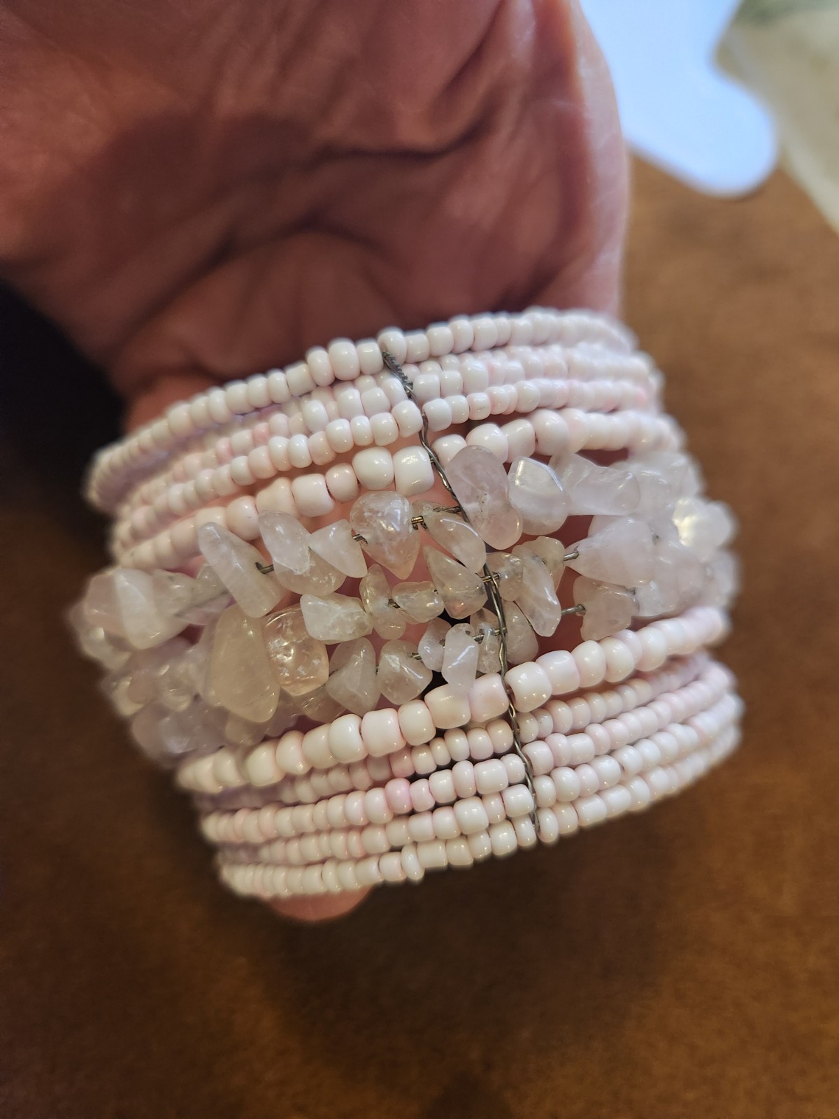 Beautiful Rose Quartz And Pink Seed Bead Cuff Bracelet Expandable