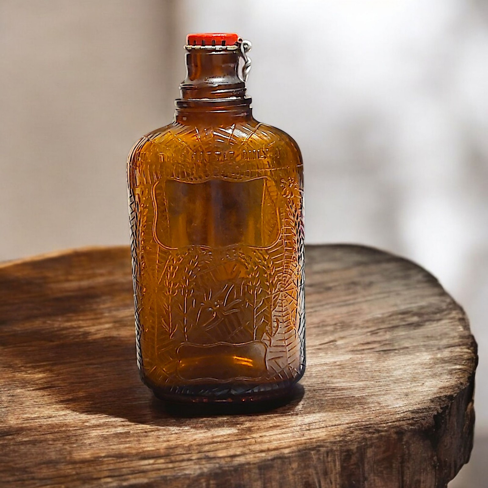 RARE FIND High Relief Spider Webs and Wheat Stalks Amber Glass Bottle