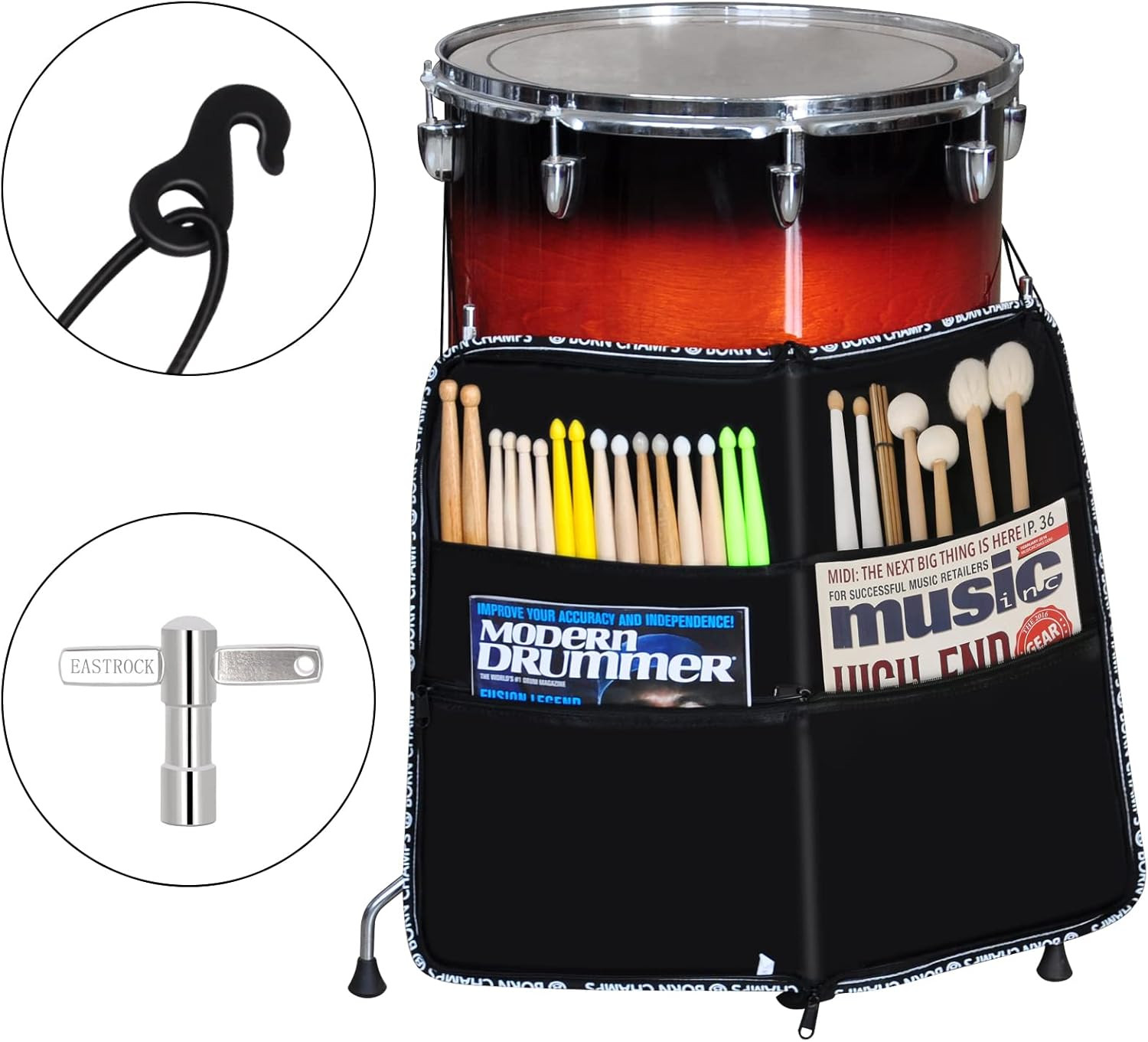 Drum Sticks Bag - Large Capacity Holder with Drum Key, Hook, Strap (Black)