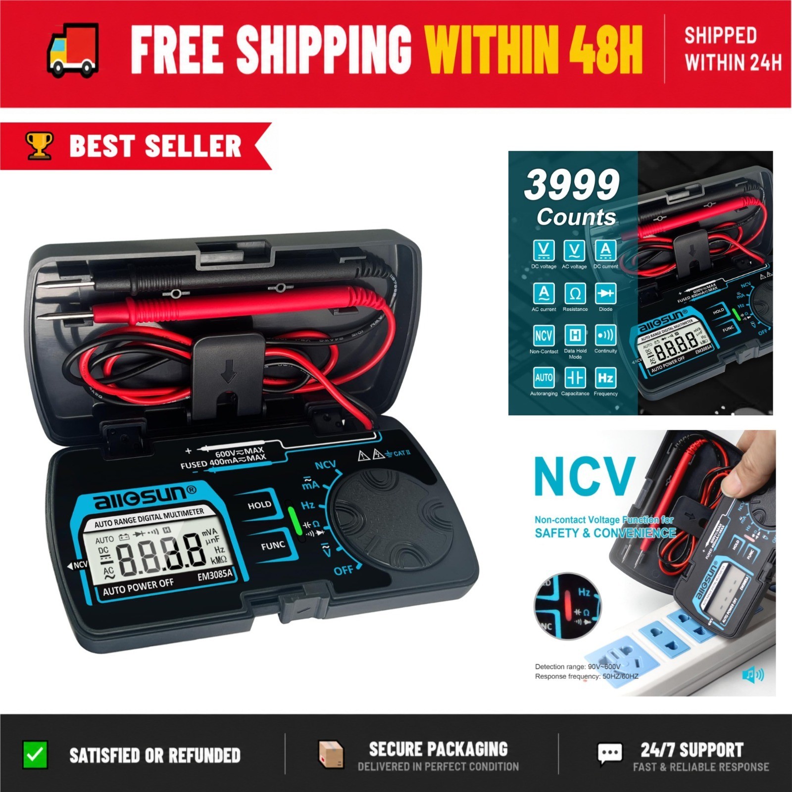 ALLOSUN Digital Multimeter Pocket Size Tester AC DC Voltage Current
