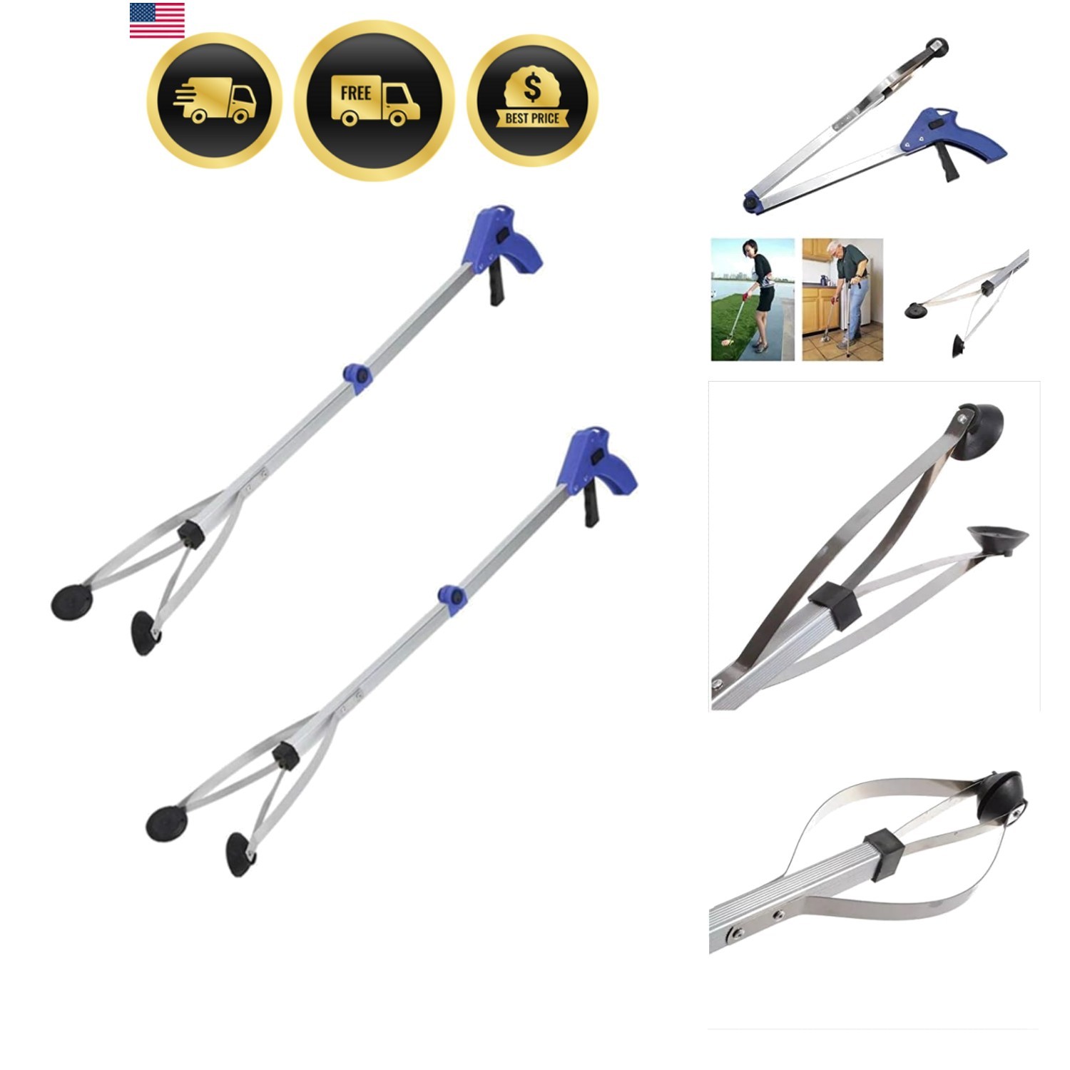 New Version] 2 Pack Foldable Reacher Grabber Tool, Long 32" Foldable Extender...