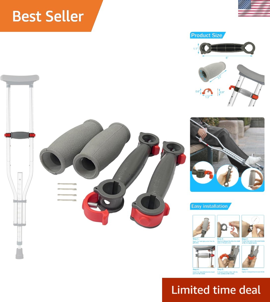 Crutch Hand Grips Kit - Replacement Handles and Pads for Disabled & Elderly C...