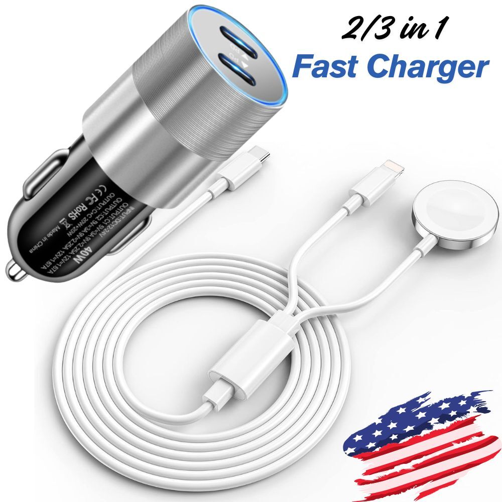 40W Fast Car Charger Magnetic Cable For iPhone 16 15 14 13 12 11 iWatch 9/8/7/6