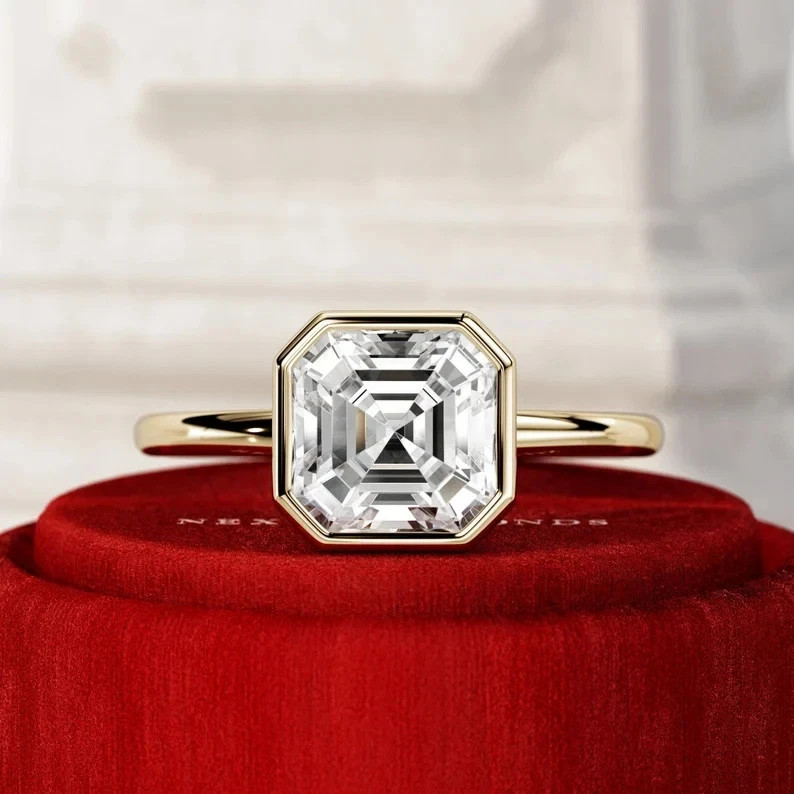 White Moissanite 3.10 Ct Asscher Cut Bezel Wedding Ring 14K Yellow Gold Plated